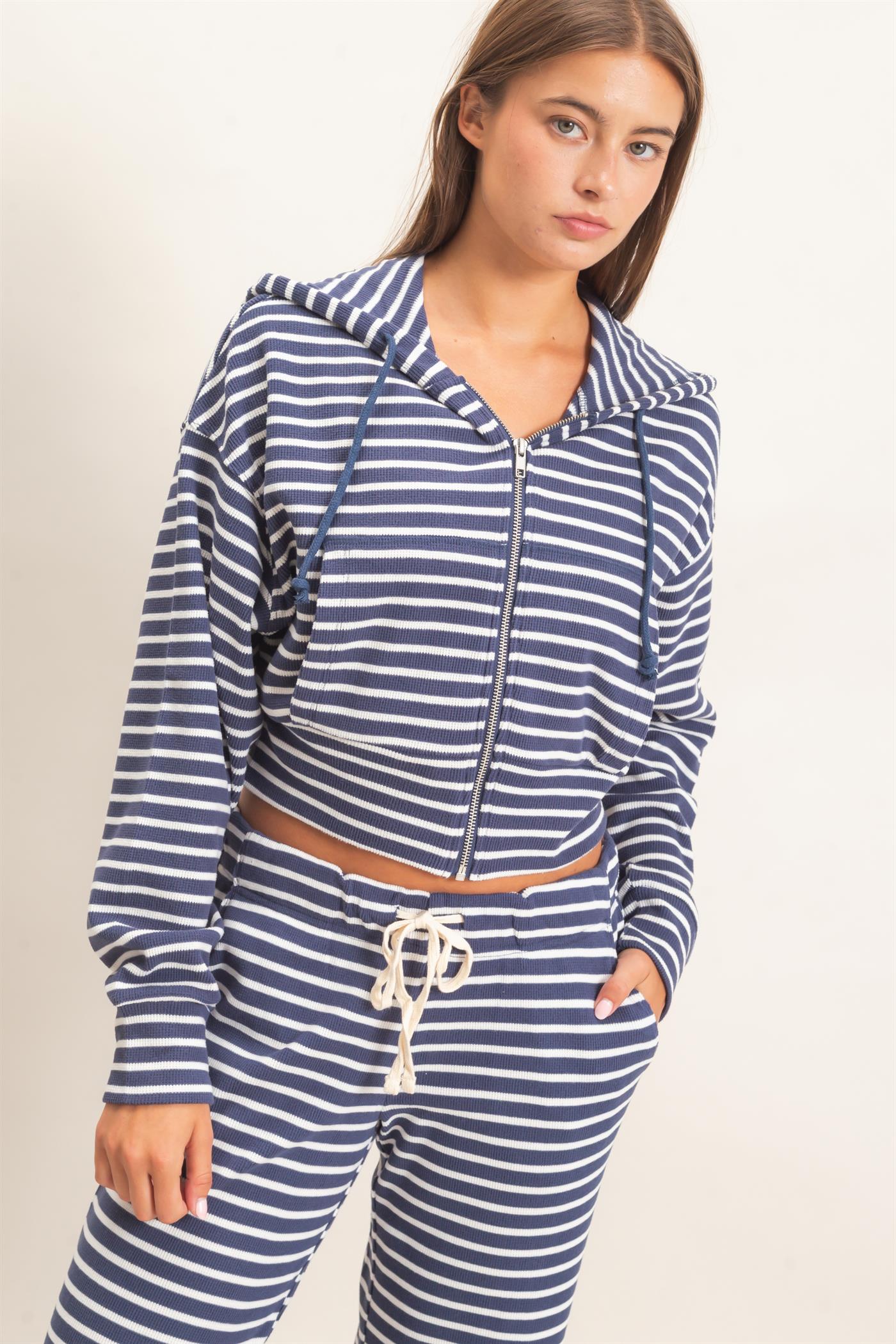 Wholesale Striped Zip-Up Hoodie Hoodies DZ26E433 NAVY DOUBLE ZERO