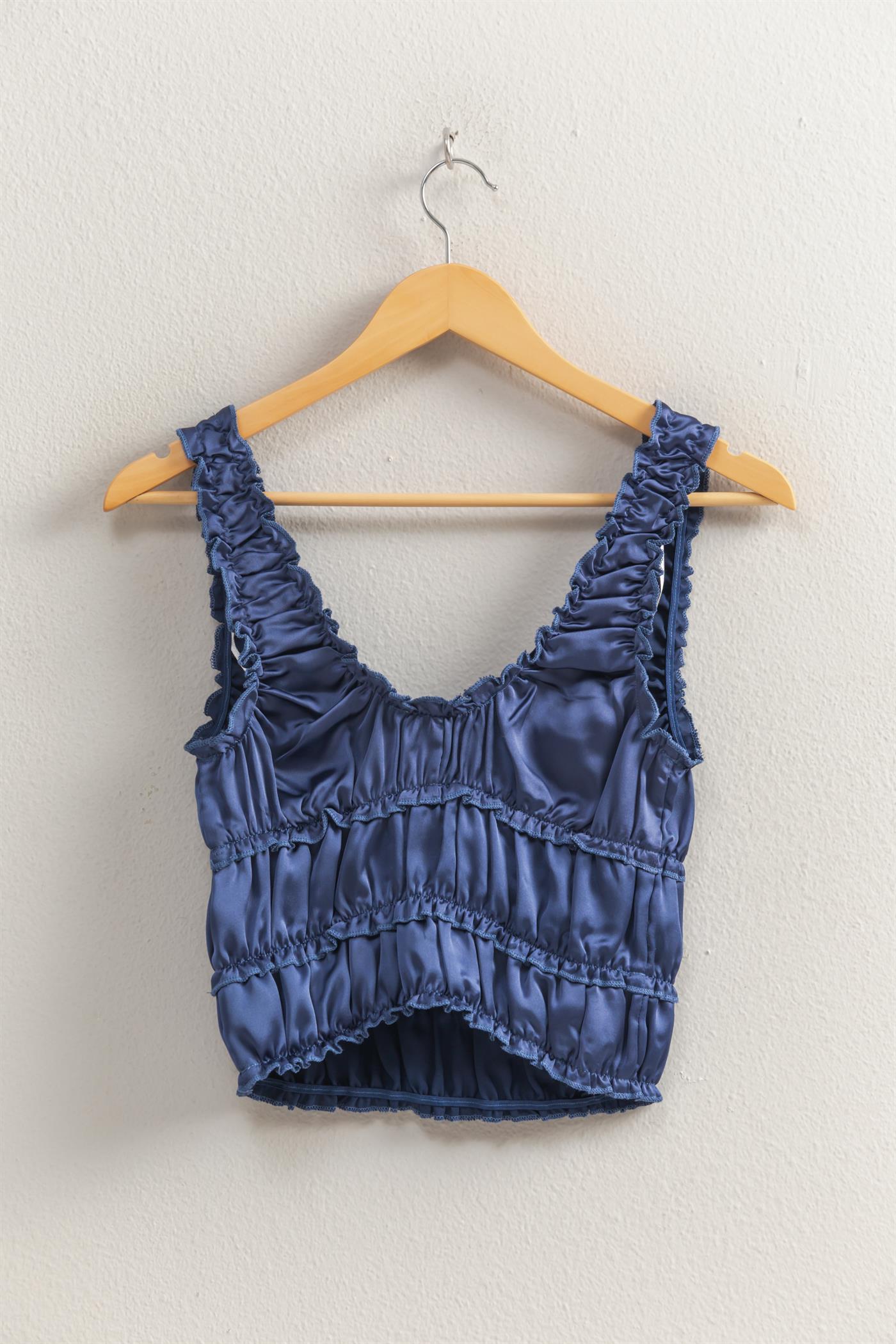 Wholesale Ruched Satin Sleeveless Crop Top Clothing Tops DZ25C172 DUSTY INDIGO DOUBLE ZERO