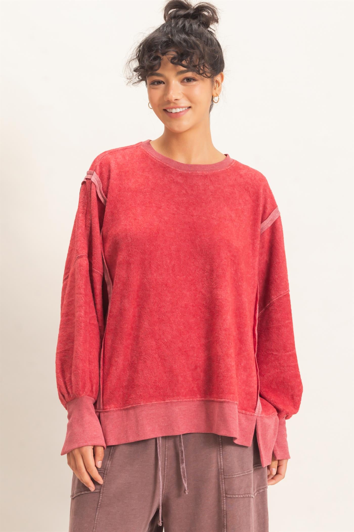 Wholesale Oversized Raw Edge Crew Neck Sweatshirt Sweatshirts DZ26E273 DARK RED DOUBLE ZERO
