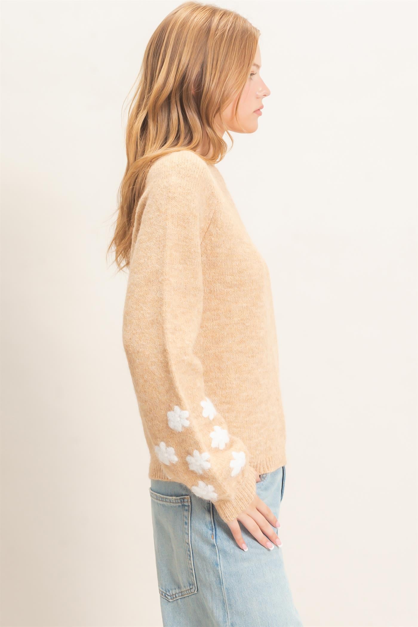 Wholesale Floral Applique Raglan Sleeve Sweater Sweaters HF26E808 BEIGE HYFVE