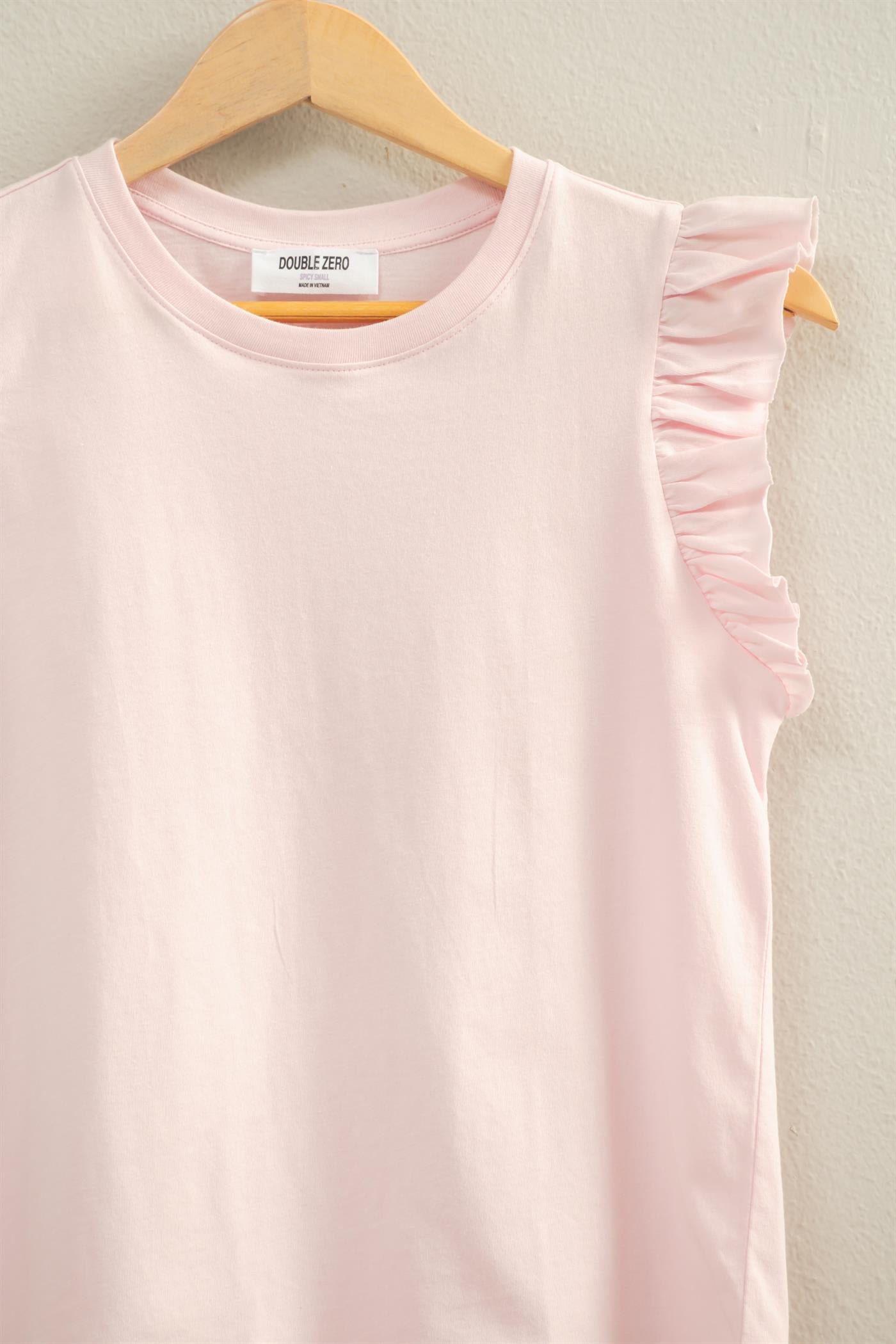 Wholesale Ruffle Cap Sleeve Crew Neck Top Clothing Tops DZ26C070 SOFT PINK DOUBLE ZERO