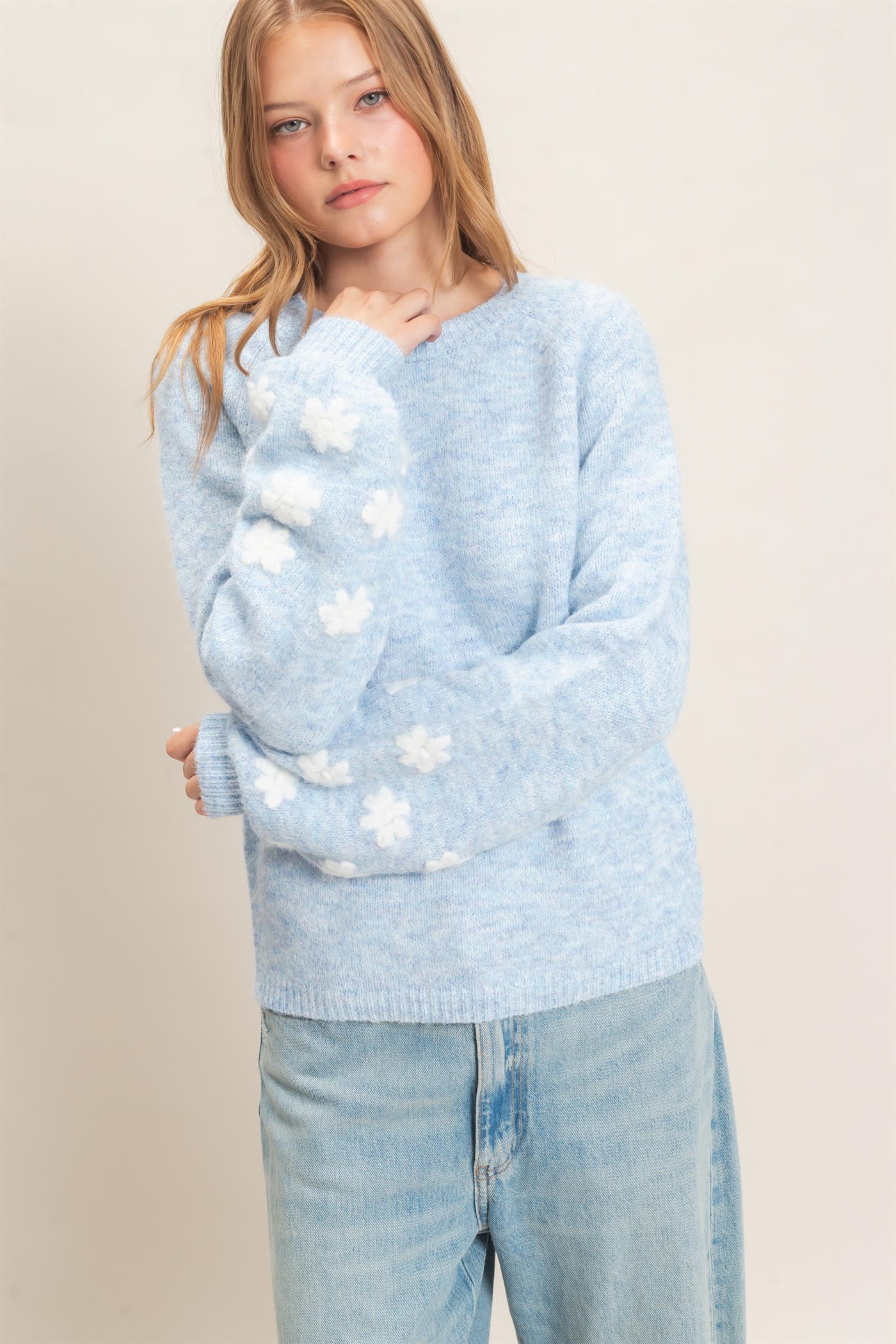 Wholesale Floral Applique Raglan Sleeve Sweater Sweaters HF26E808 MISTY BLUE HYFVE