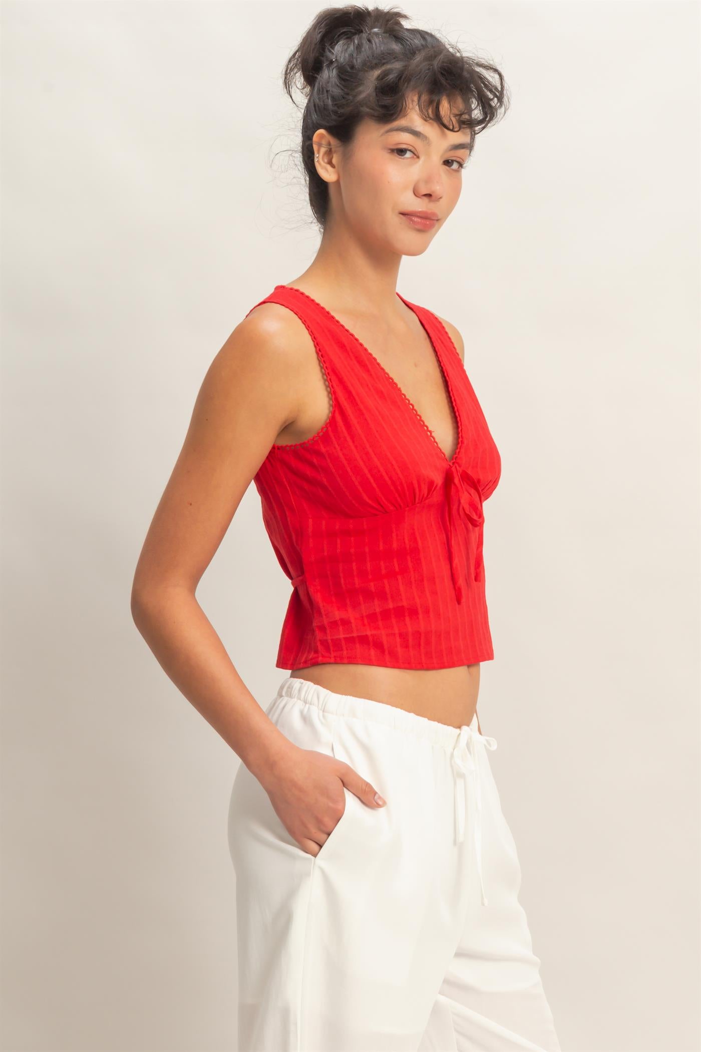 Wholesale Sleeveless Scallop Trim V-Neck Tie-Back Top Clothing Tops DZ26C185 RED DOUBLE ZERO
