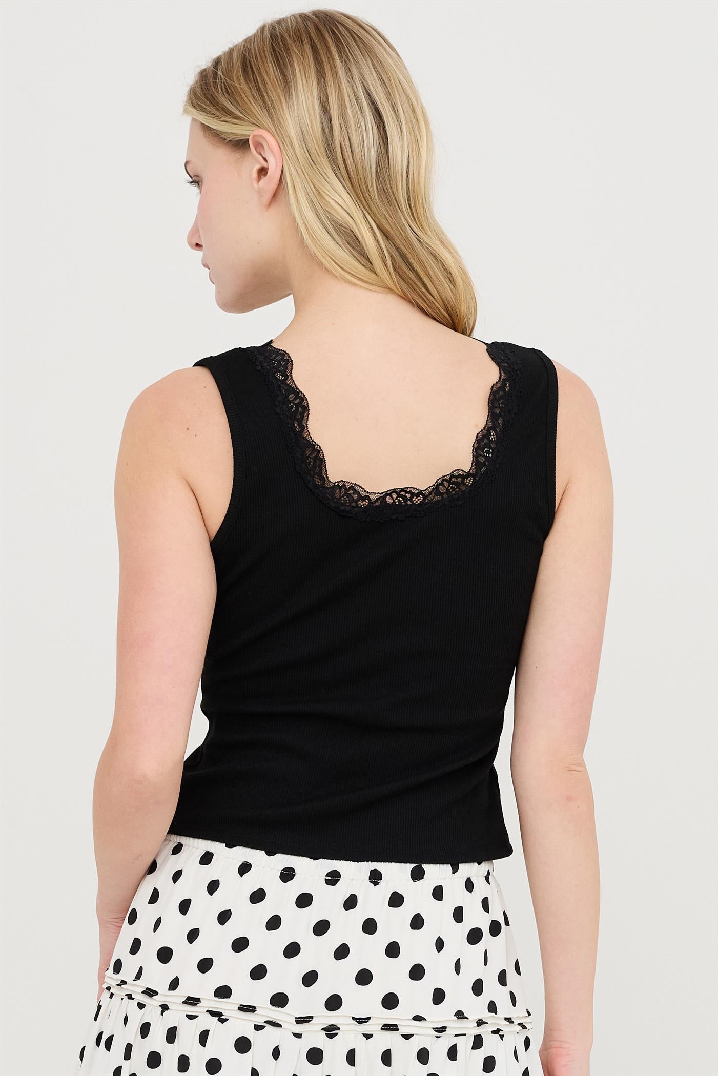 Wholesale Lace Trim Ribbed Tank Top Clothing Tops HF26A295 BLACK HYFVE