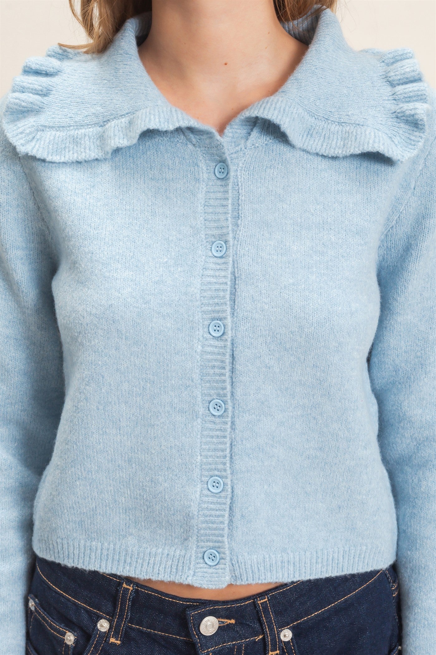 Wholesale Ruffled Collar Knit Cardigan Cardigans HF26E162-D BABY BLUE HYFVE