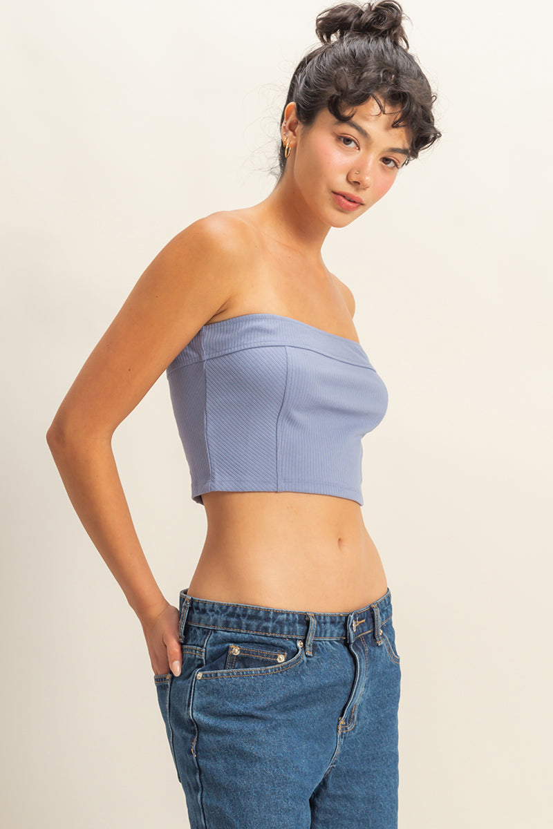 Wholesale Strapless Ribbed Crop Top Clothing Tops DZ23E512 PALE INDIGO DOUBLE ZERO