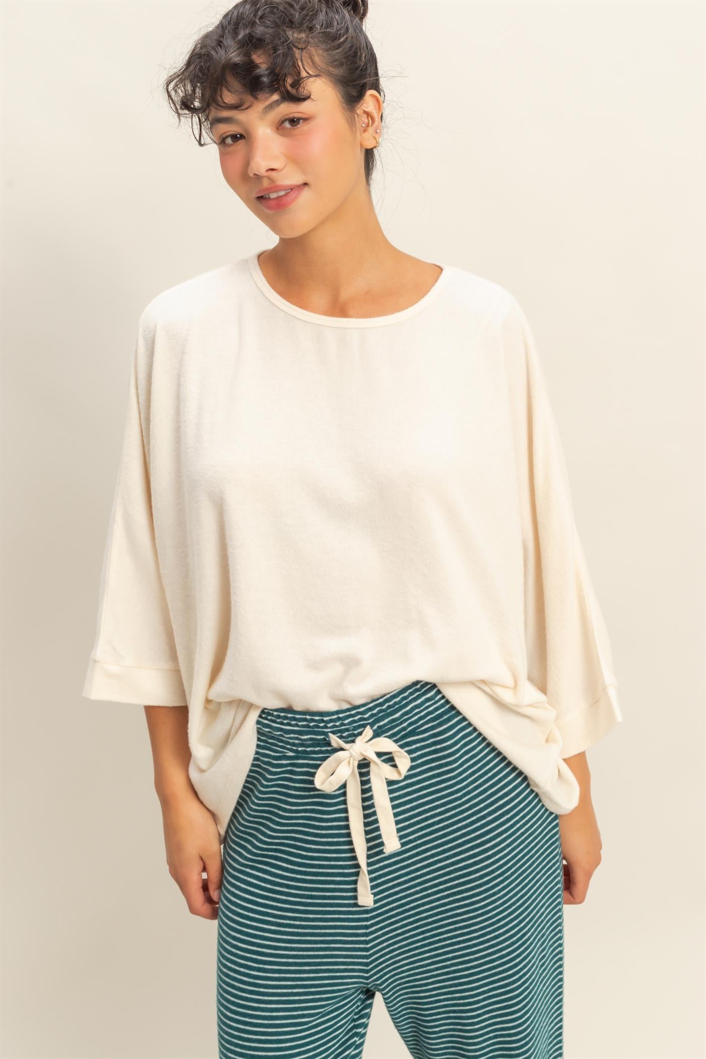 Wholesale Batwing 3/4 Sleeve Oversized Top Clothing Tops DZ25E133 CREAM DOUBLE ZERO