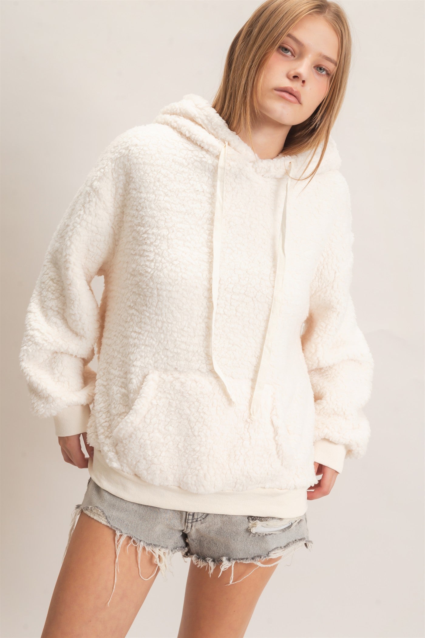 Wholesale Plush Sherpa Pullover Hoodie Hoodies HF26F289 CREAM HYFVE