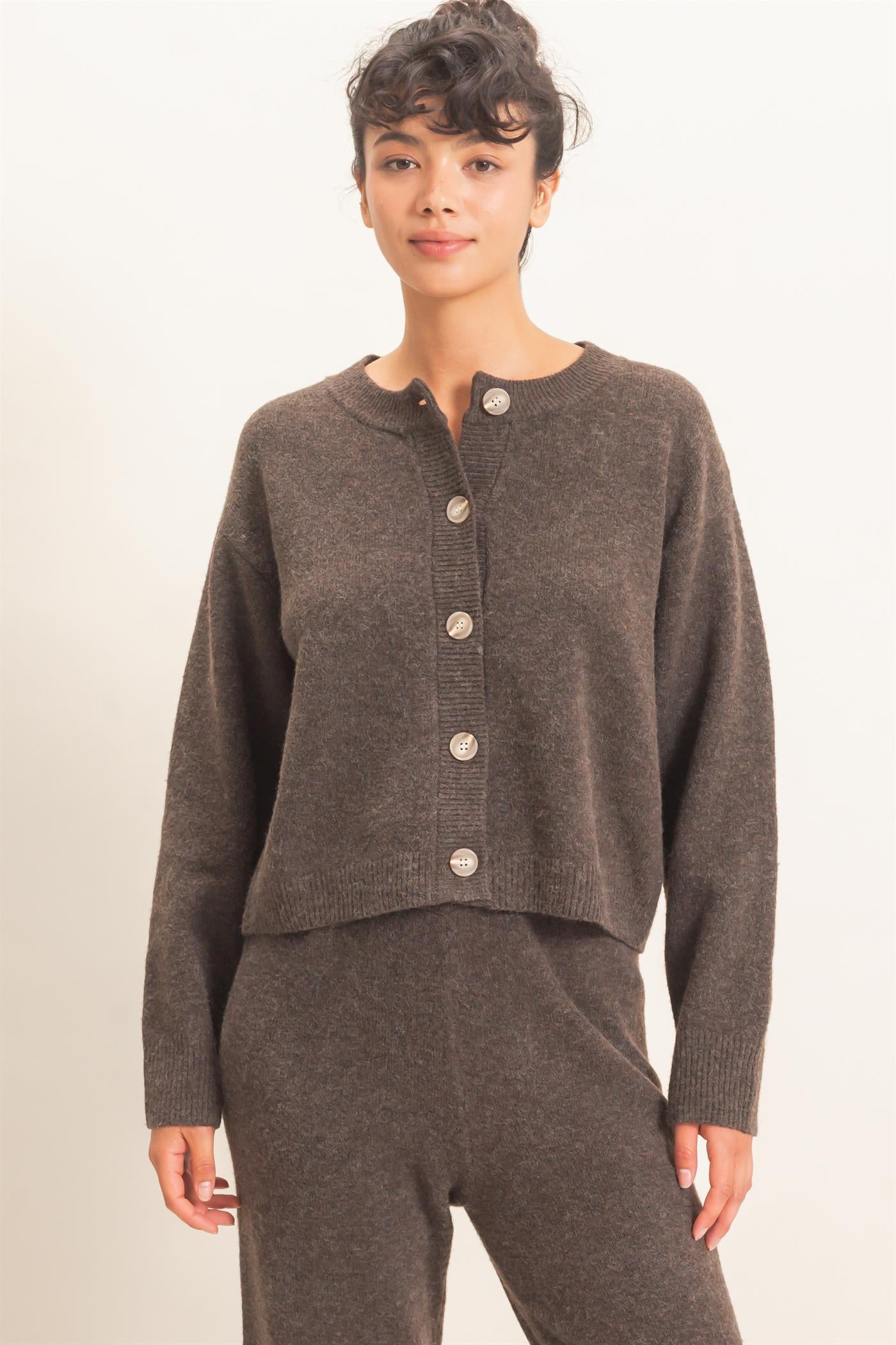 Wholesale Crew Neck Button Front Cardigan Cardigans DZ26E639 DARK BROWN DOUBLE ZERO