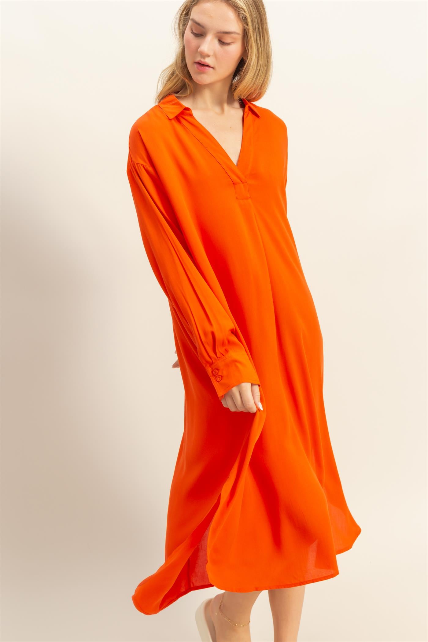 Wholesale V-Neck Long Sleeved Midi Shirts Dress Dresses DZ24E706 TOMATO DOUBLE ZERO