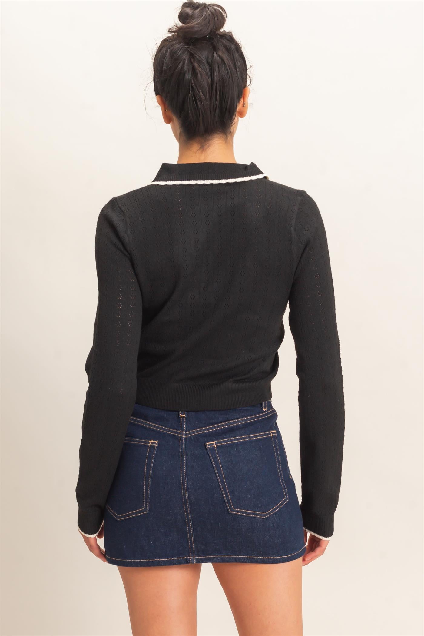 Wholesale Collared Pointelle Knit Cardigan Sweaters DZ26E101 BLACK DOUBLE ZERO
