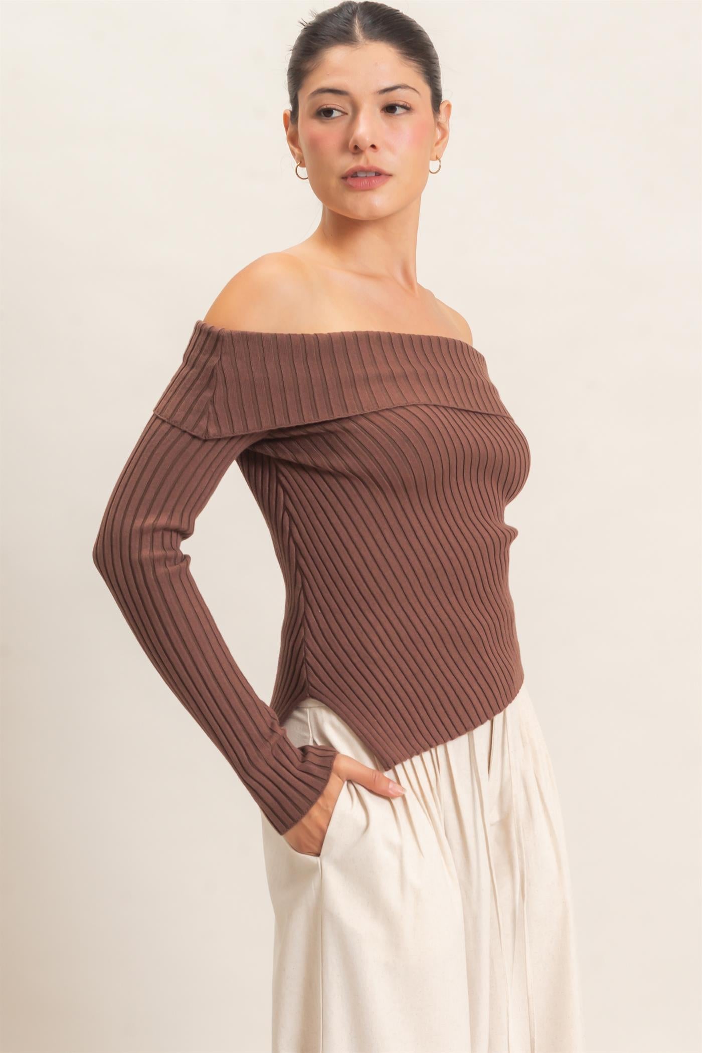 Wholesale Ribbed Off-Shoulder Sweater Sweaters HF26E937 BROWN HYFVE