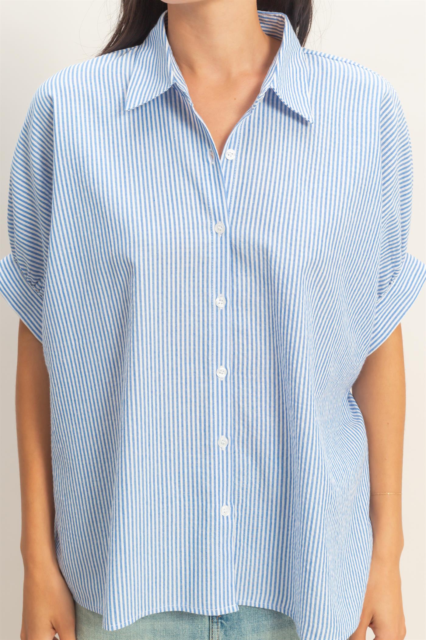 Wholesale Striped Short Sleeve Button-Front Blouse T-Shirts DZ26C276 BLUE DOUBLE ZERO