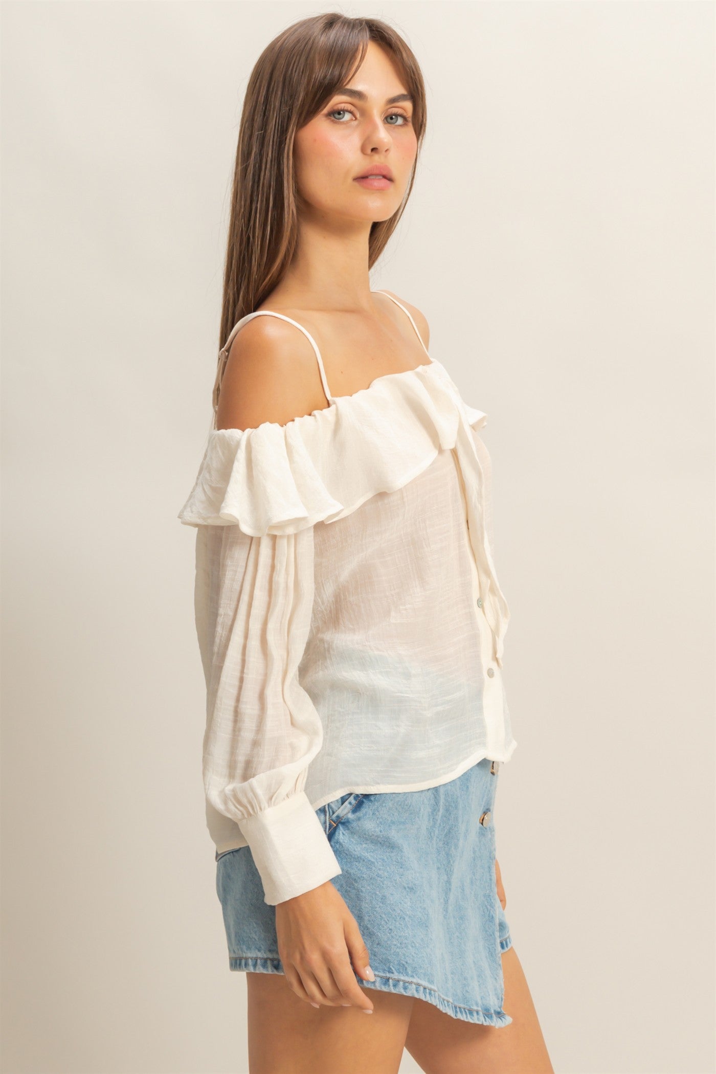 Wholesale Cold-Shoulder Ruffled Blouse Clothing Tops HF23C787 OFF WHITE HYFVE