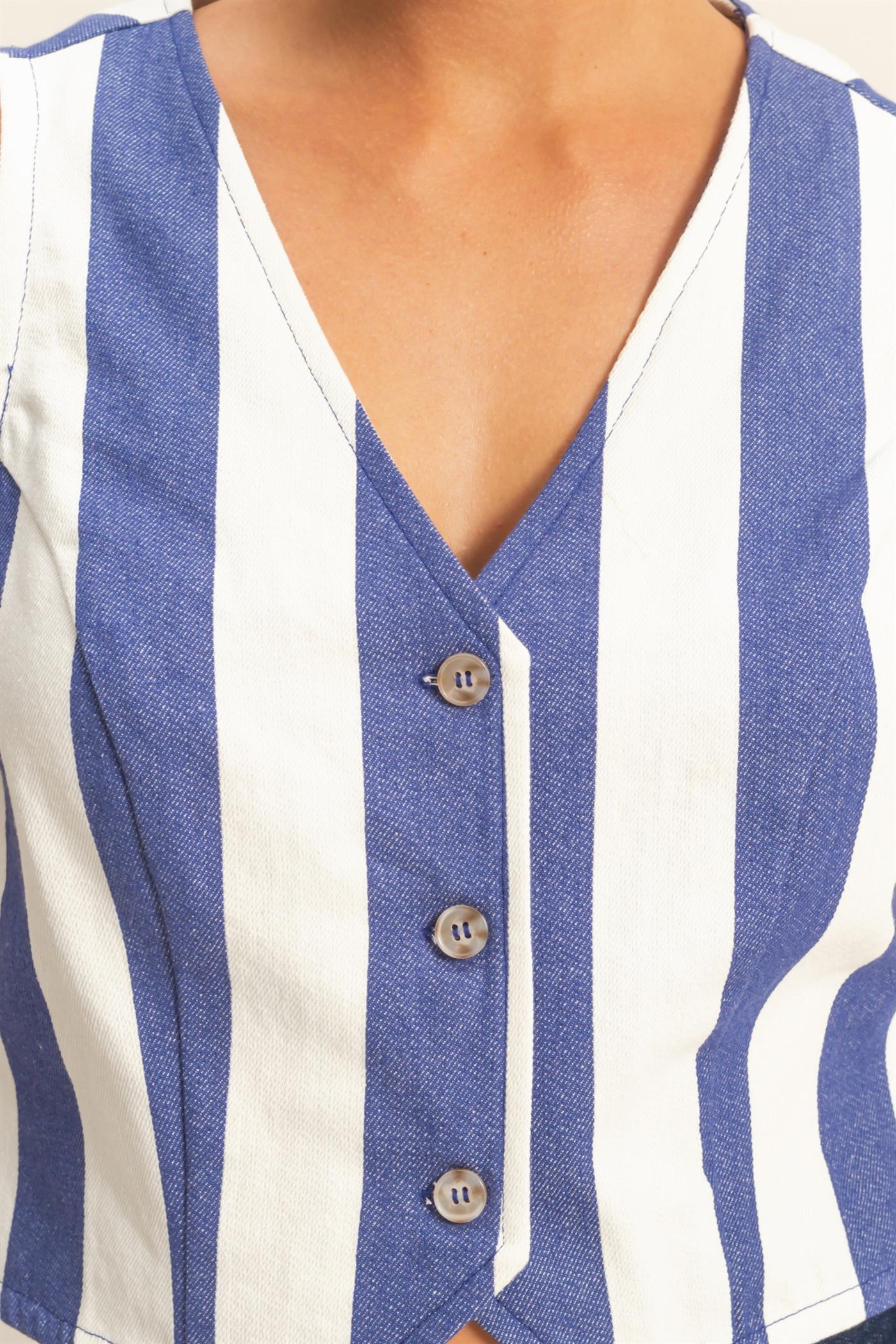 Wholesale Woven Striped V-Neck Sleeveless Vest Vests DZ25A806 INDIGO/CREAM DOUBLE ZERO