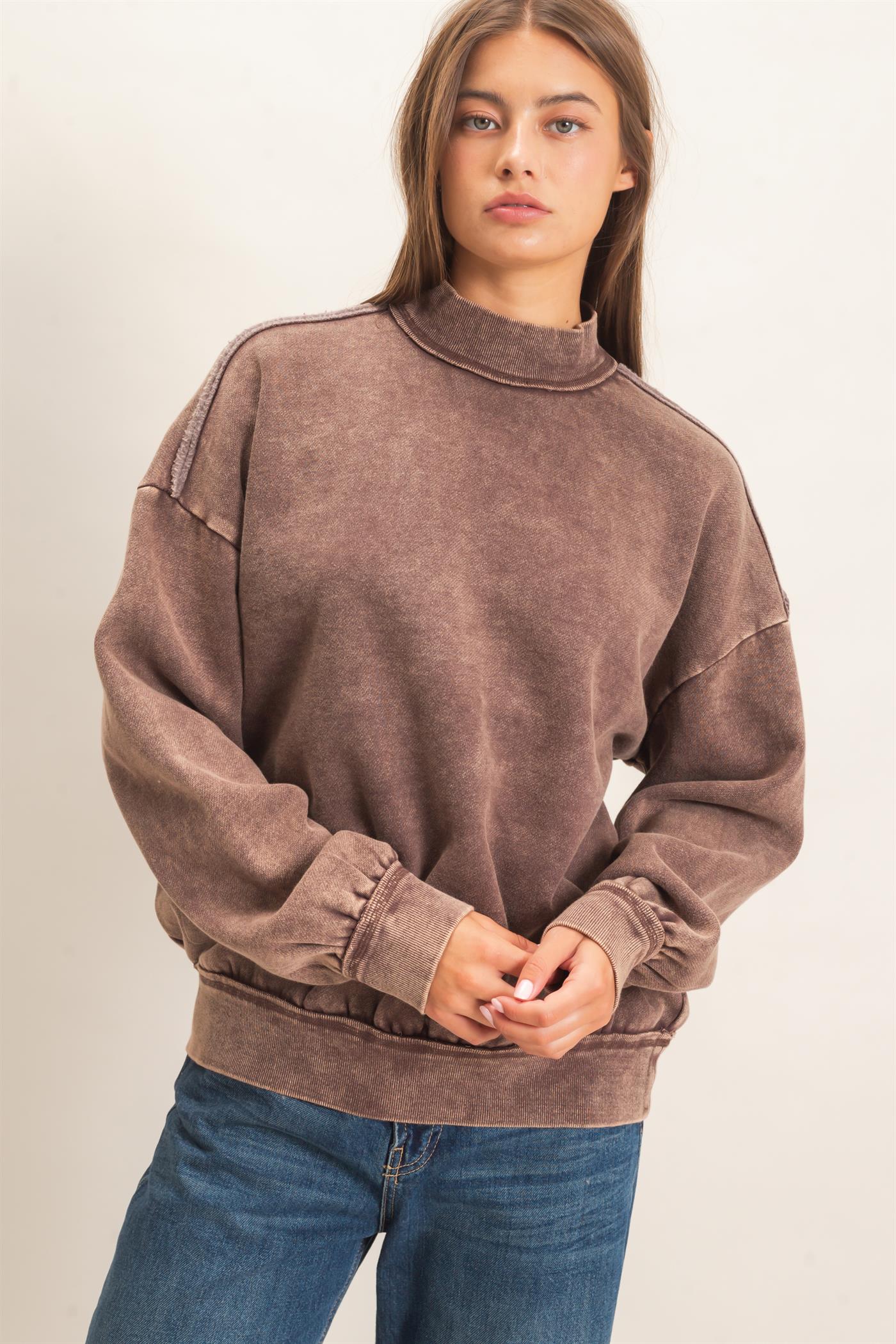 Wholesale Acid Washed Mock Neck Sweatshirt Sweatshirts DZ26E656 DARK BROWN DOUBLE ZERO