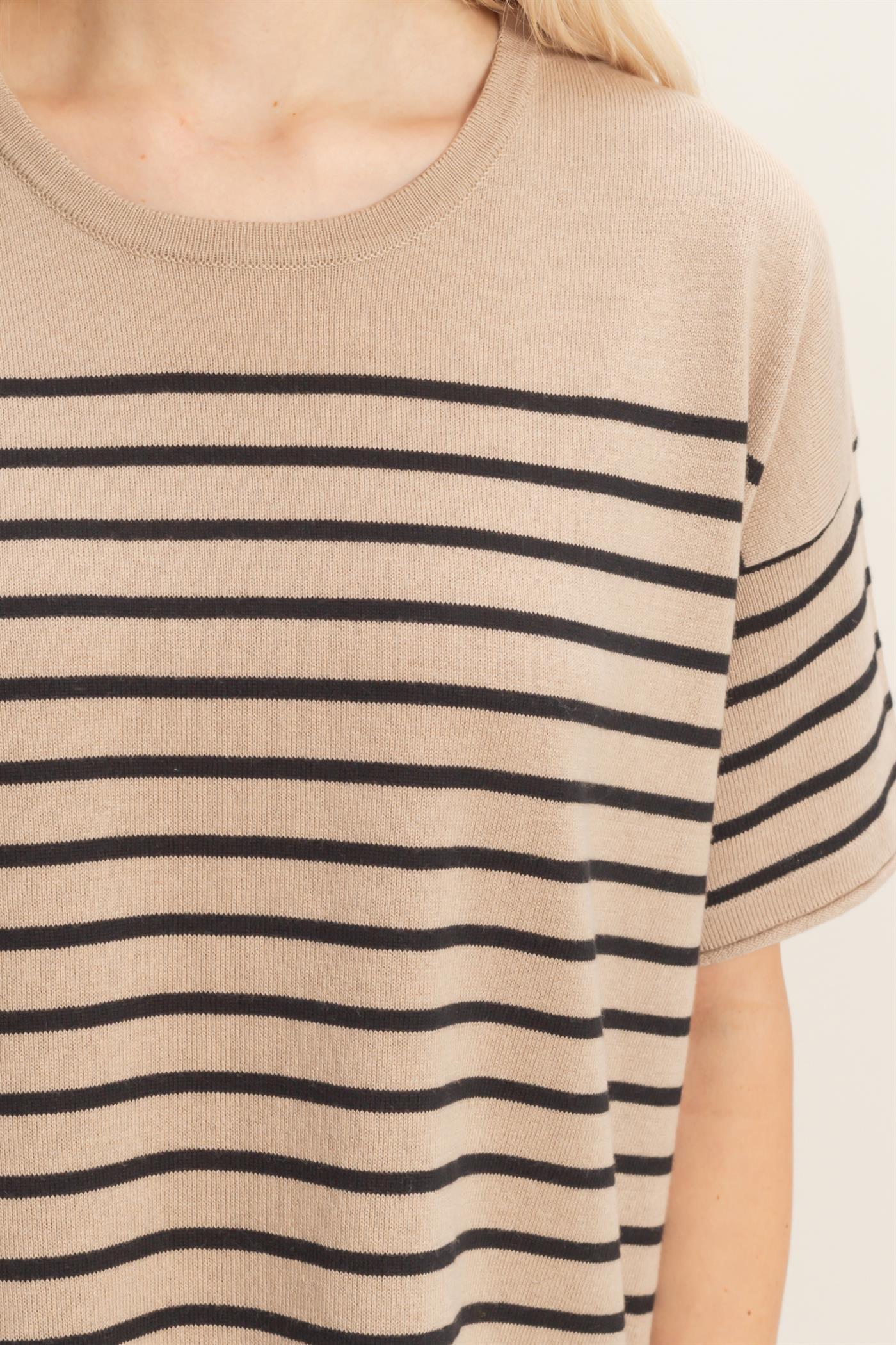 Wholesale Striped Short Sleeve Knit Top Clothing Tops DZ26A838 DARK TAUPE DOUBLE ZERO