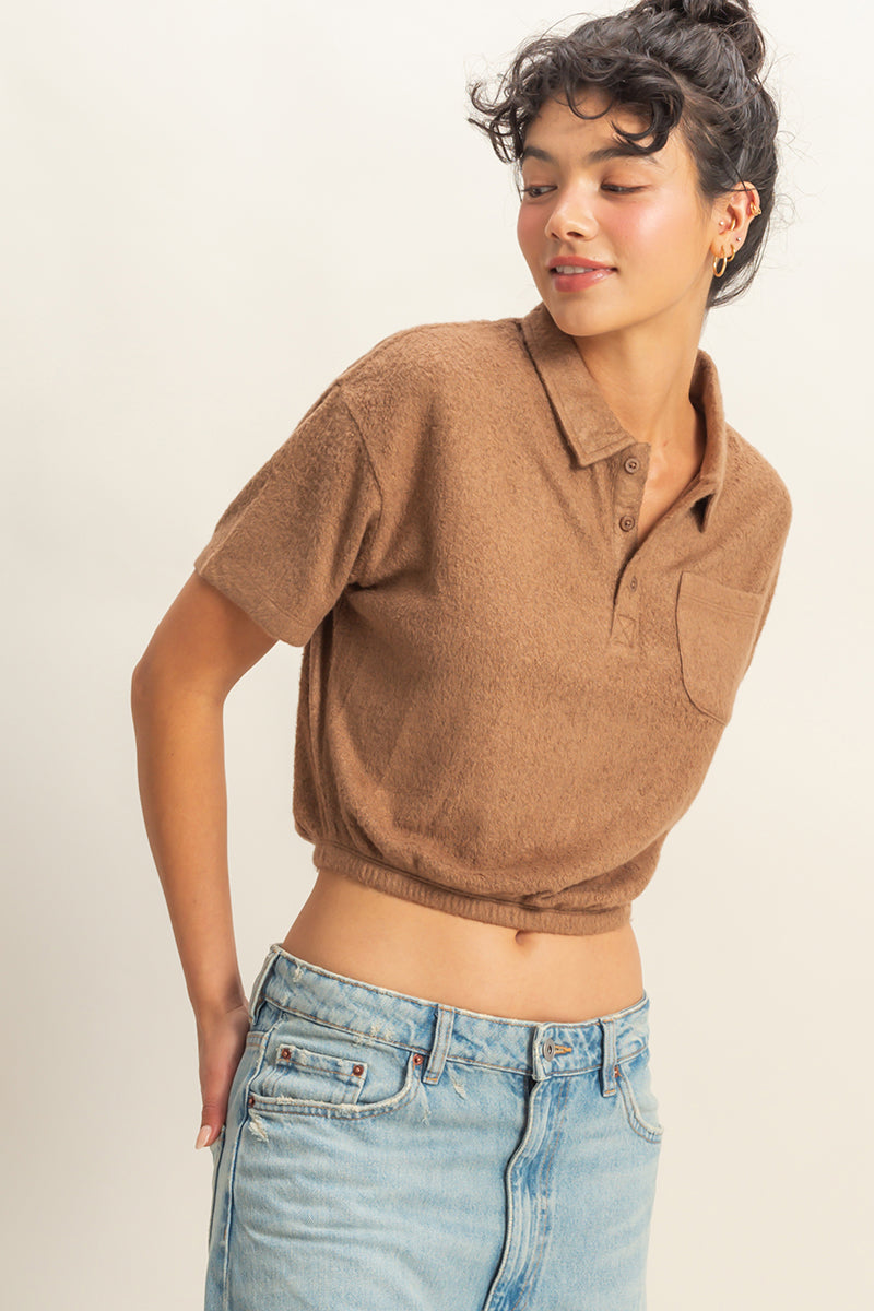 Wholesale Collared Short Sleeve Crop Top Clothing Tops DZ22A477 TOFFEE DOUBLE ZERO
