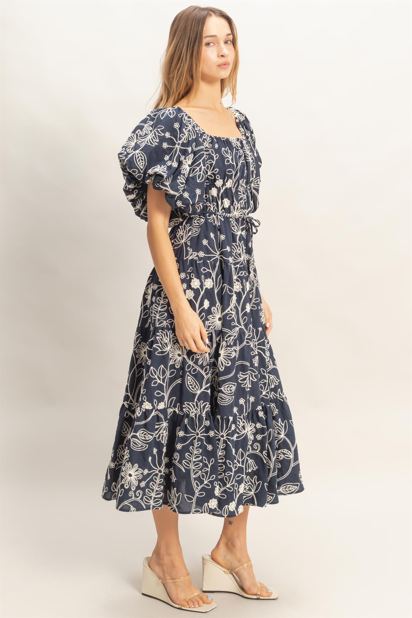 Wholesale Floral Puff Sleeve Midi Dress Dresses HF26C777-D NAVY HYFVE