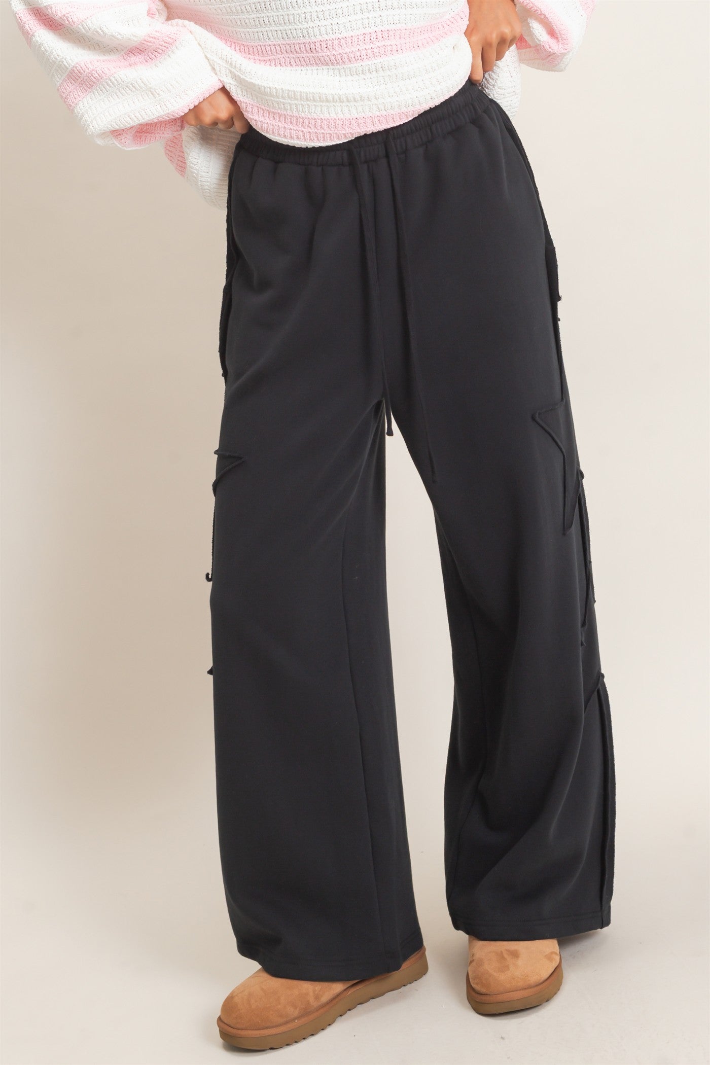 Wholesale French Terry Star Patch Sweatpants Pants DZ27A197 BLACK DOUBLE ZERO