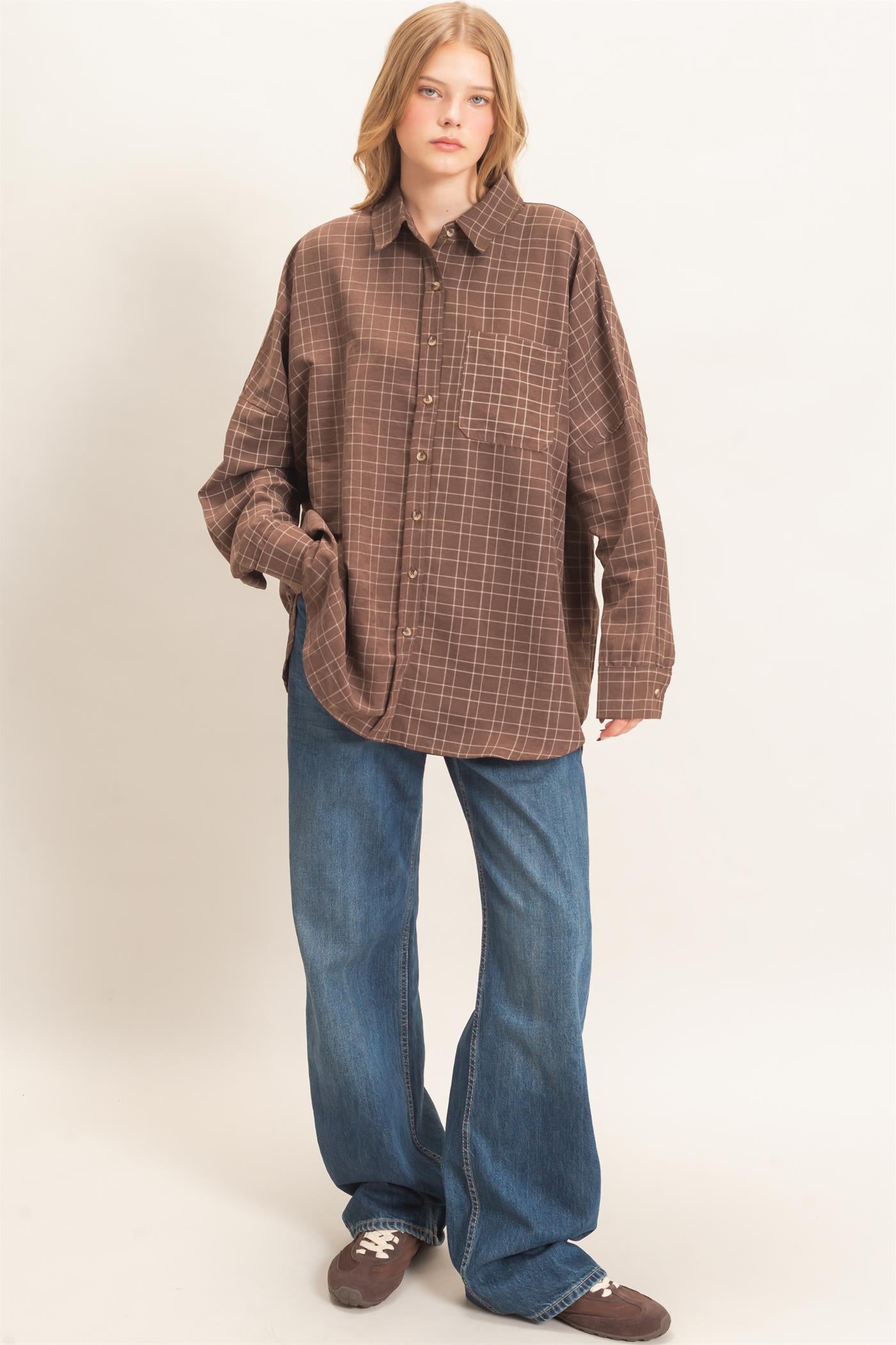 Wholesale Plaid Button-Up Shirt Shirts HF26E734 BROWN HYFVE