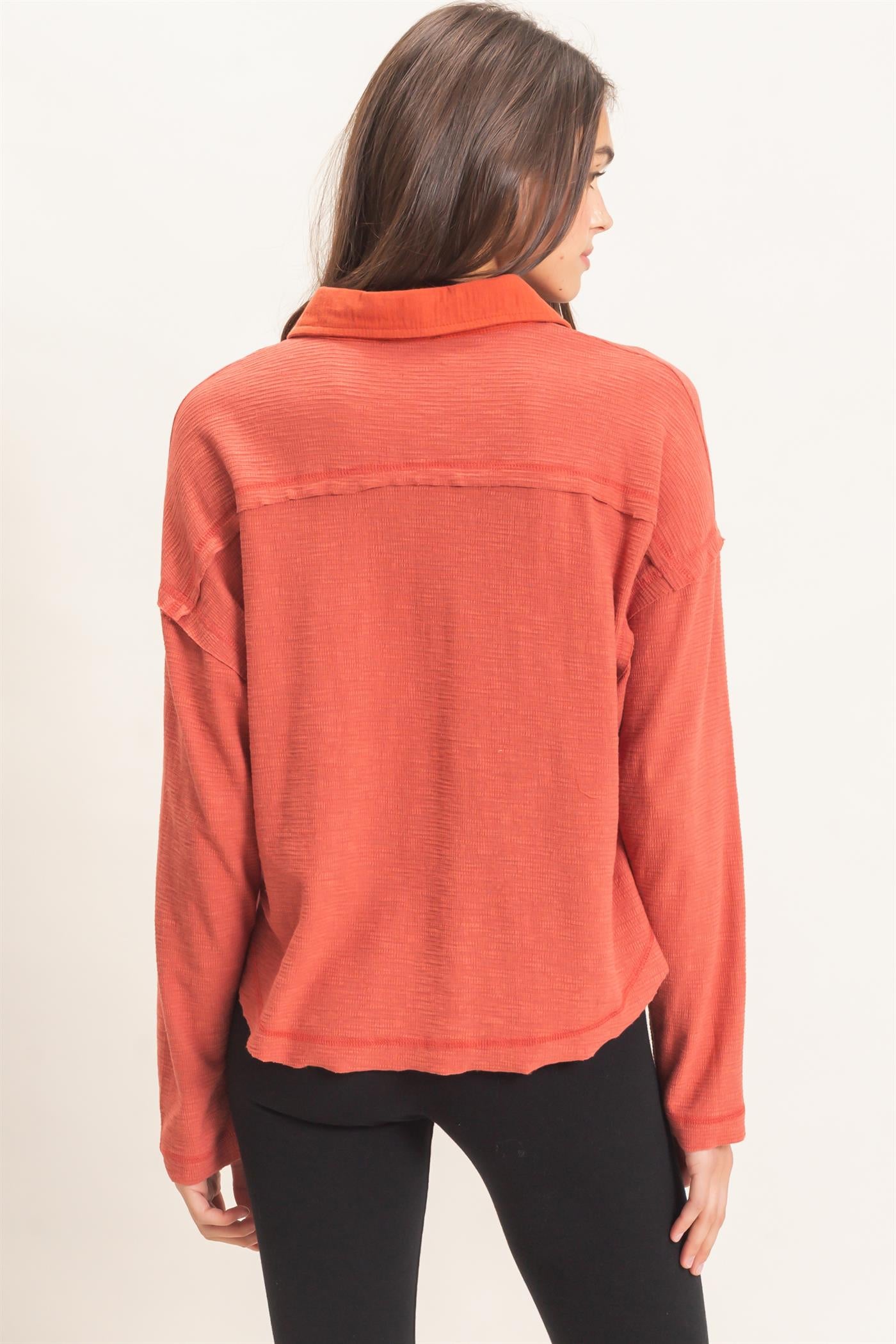 Wholesale Textured Button-Up Shirt Clothing Tops HF26C878 BRICK HYFVE