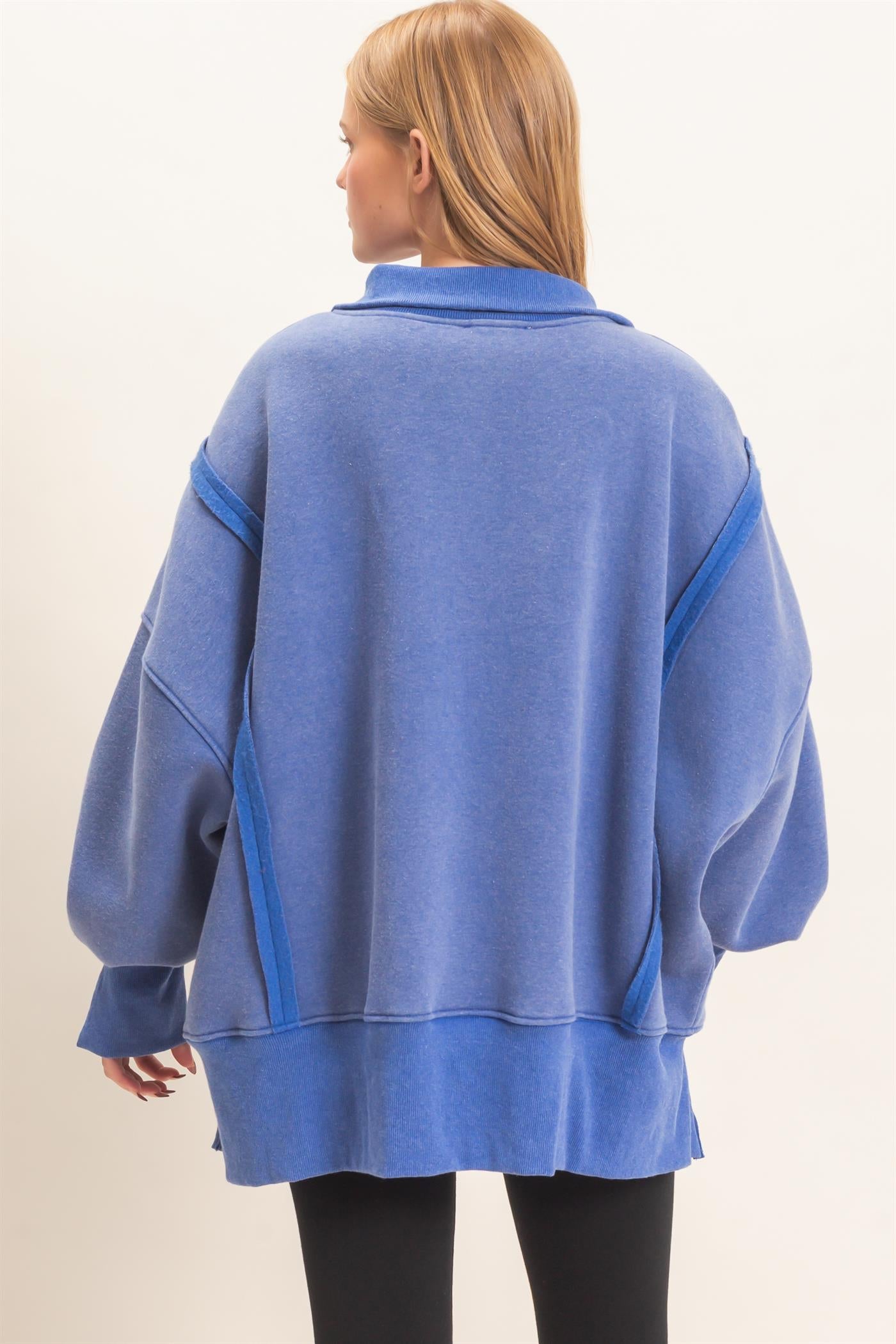 Wholesale Mineral Wash Snap Collar Pullover Clothing Tops HF26F086-D BLUE HYFVE