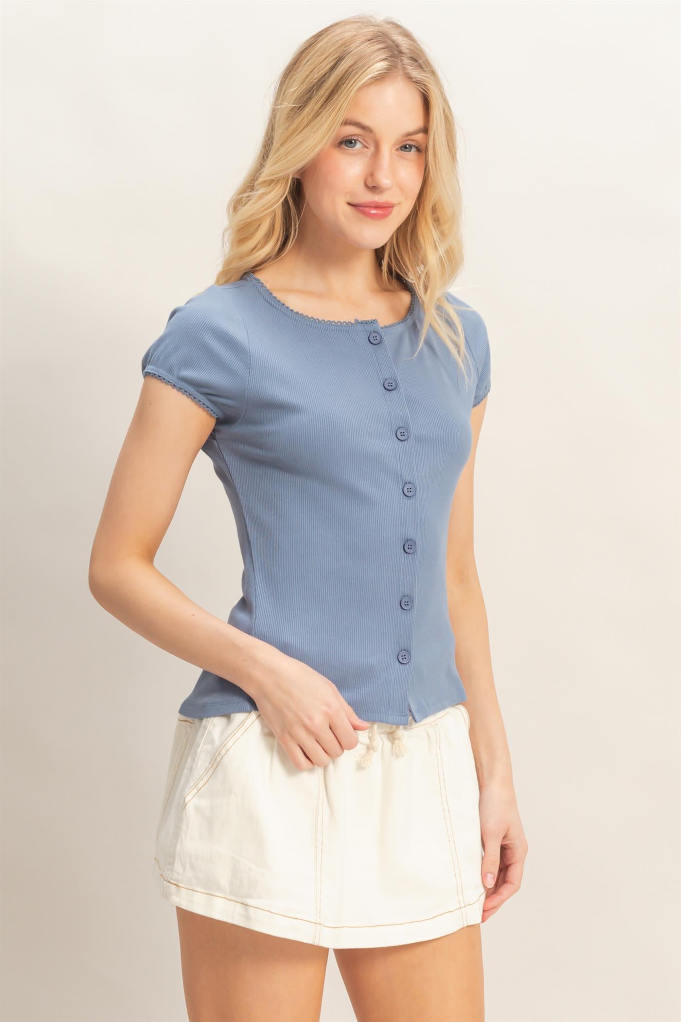 Wholesale Scalloped Button Front Top Clothing Tops HF26C607 DENIM BLUE HYFVE