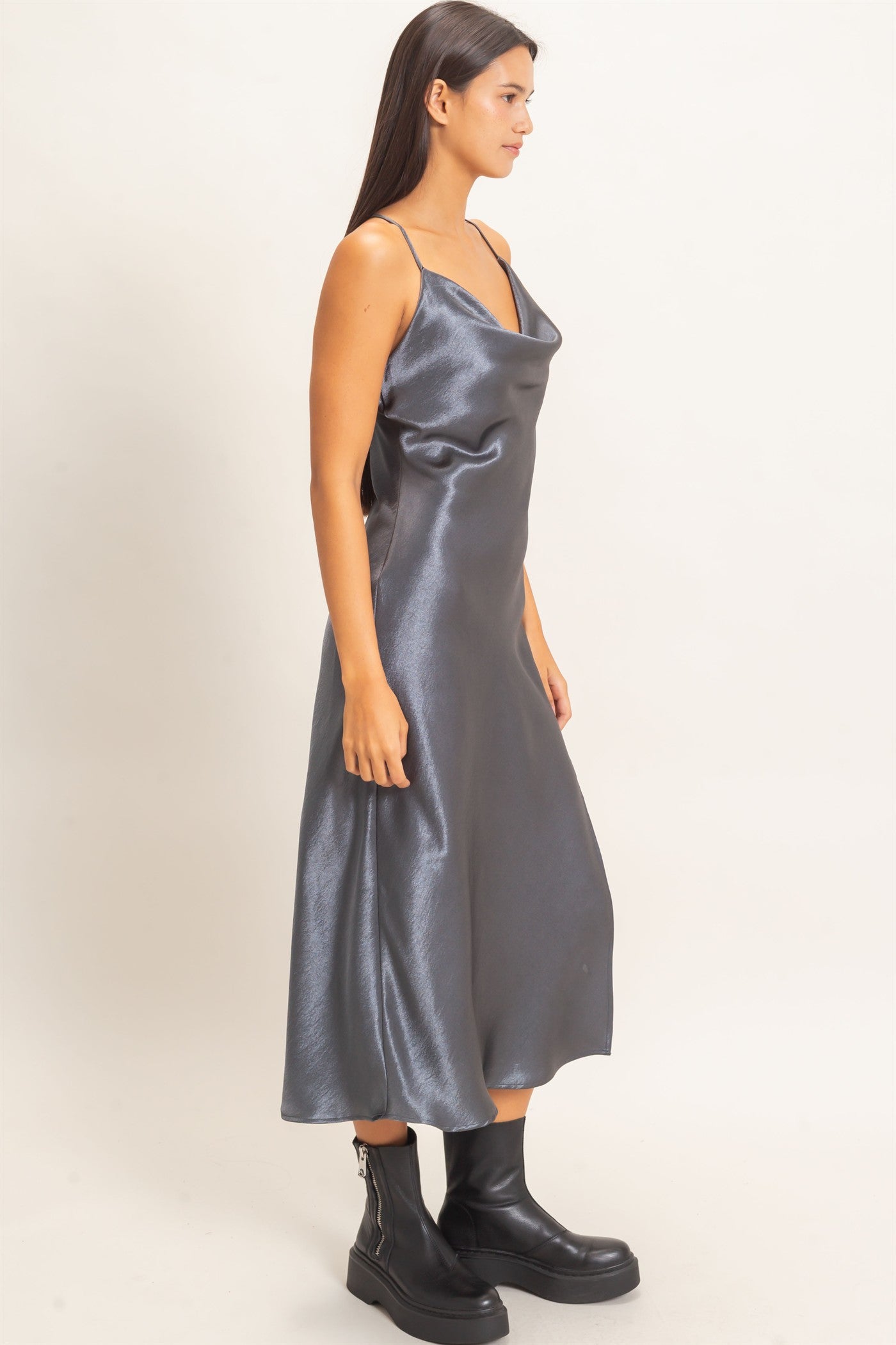 Wholesale Cowl Neck Satin Slip Dress Dresses DZ26E251 DARK GRAY DOUBLE ZERO