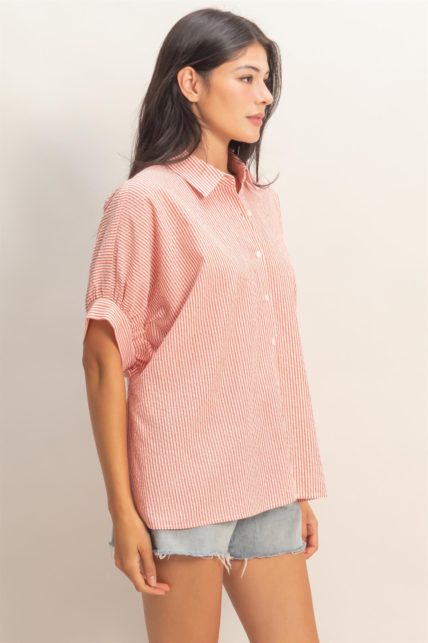 Wholesale Striped Short Sleeve Button-Front Blouse T-Shirts DZ26C276 RED DOUBLE ZERO