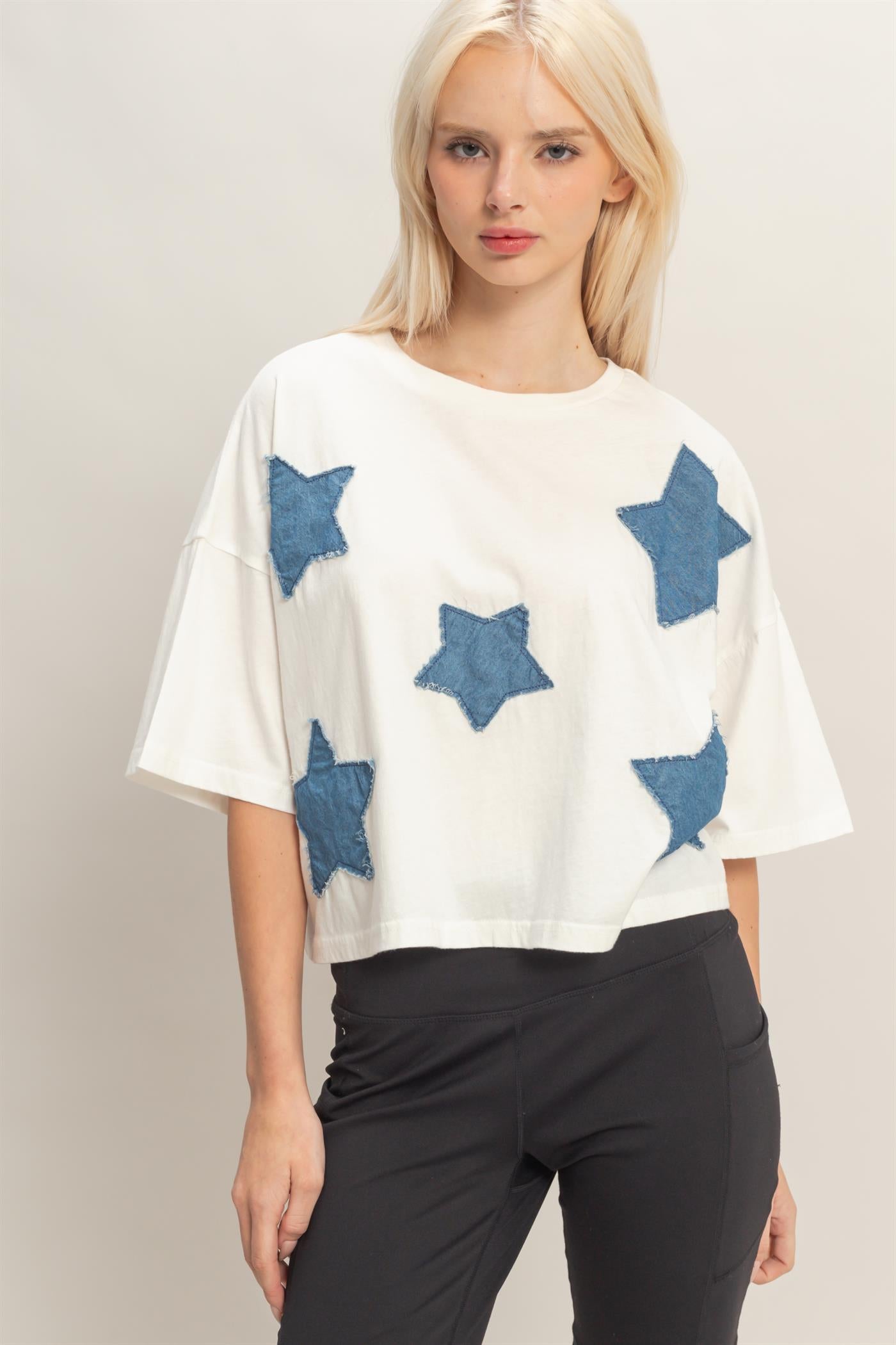 Wholesale Raw Edge Star Patch Top Clothing Tops DZ26C616 WHITE DOUBLE ZERO