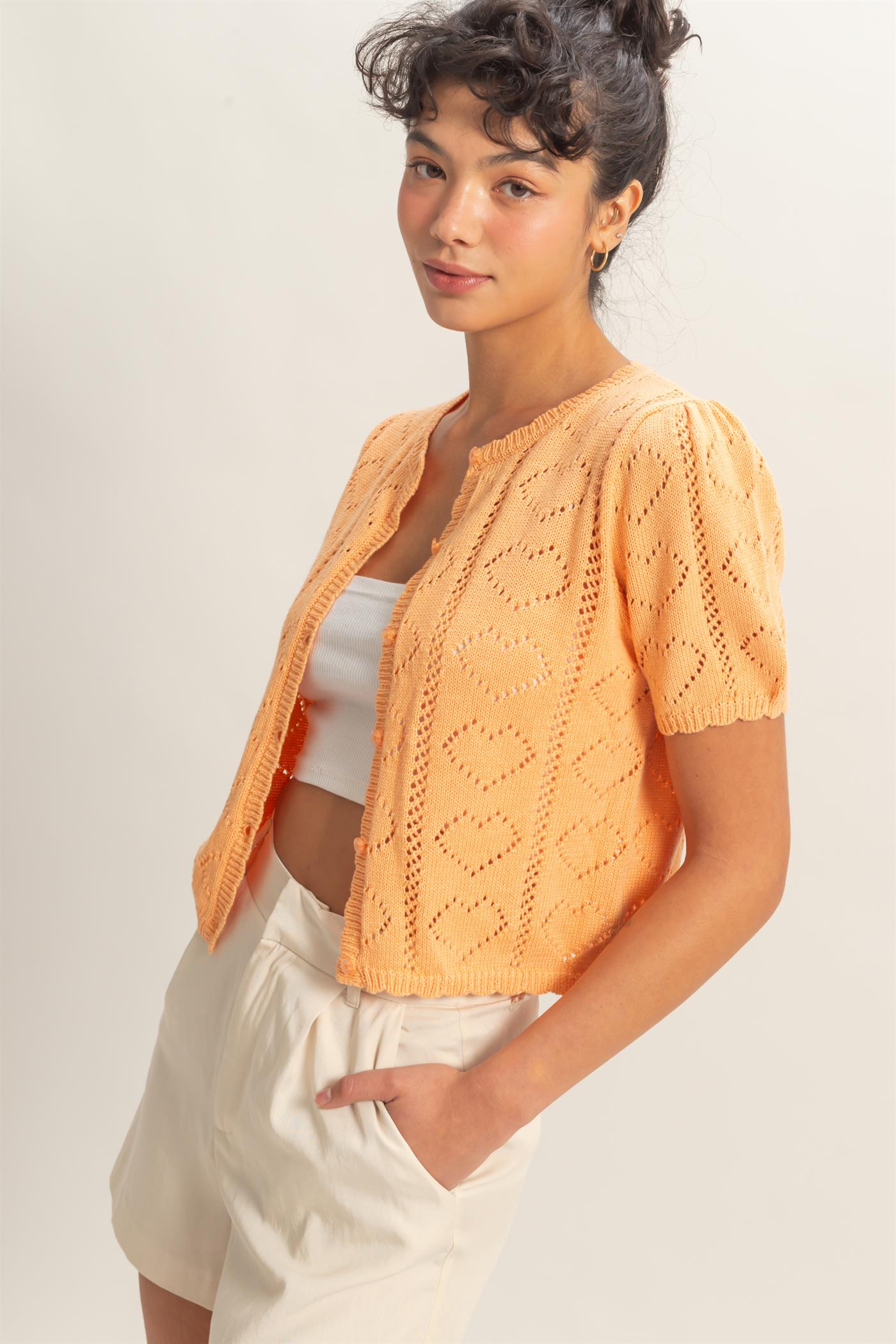 Wholesale Pointelle Knit Puff Sleeve Button Up Cardigan Cardigans DZ26A425 APRICOT HYFVE