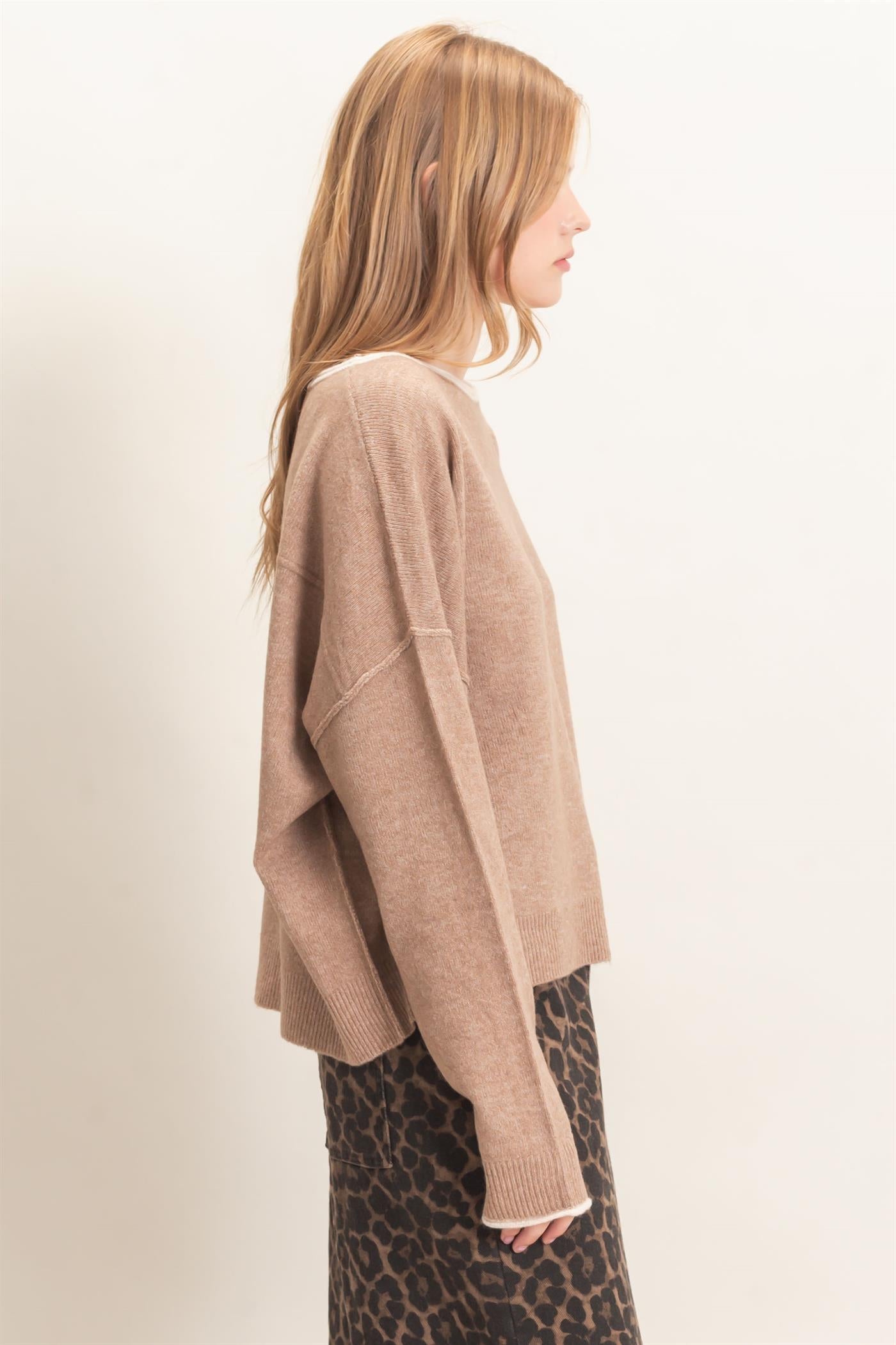 Wholesale Relaxed Wide Neck Knit Sweater Sweaters HF26E066-D LIGHT TAUPE HYFVE