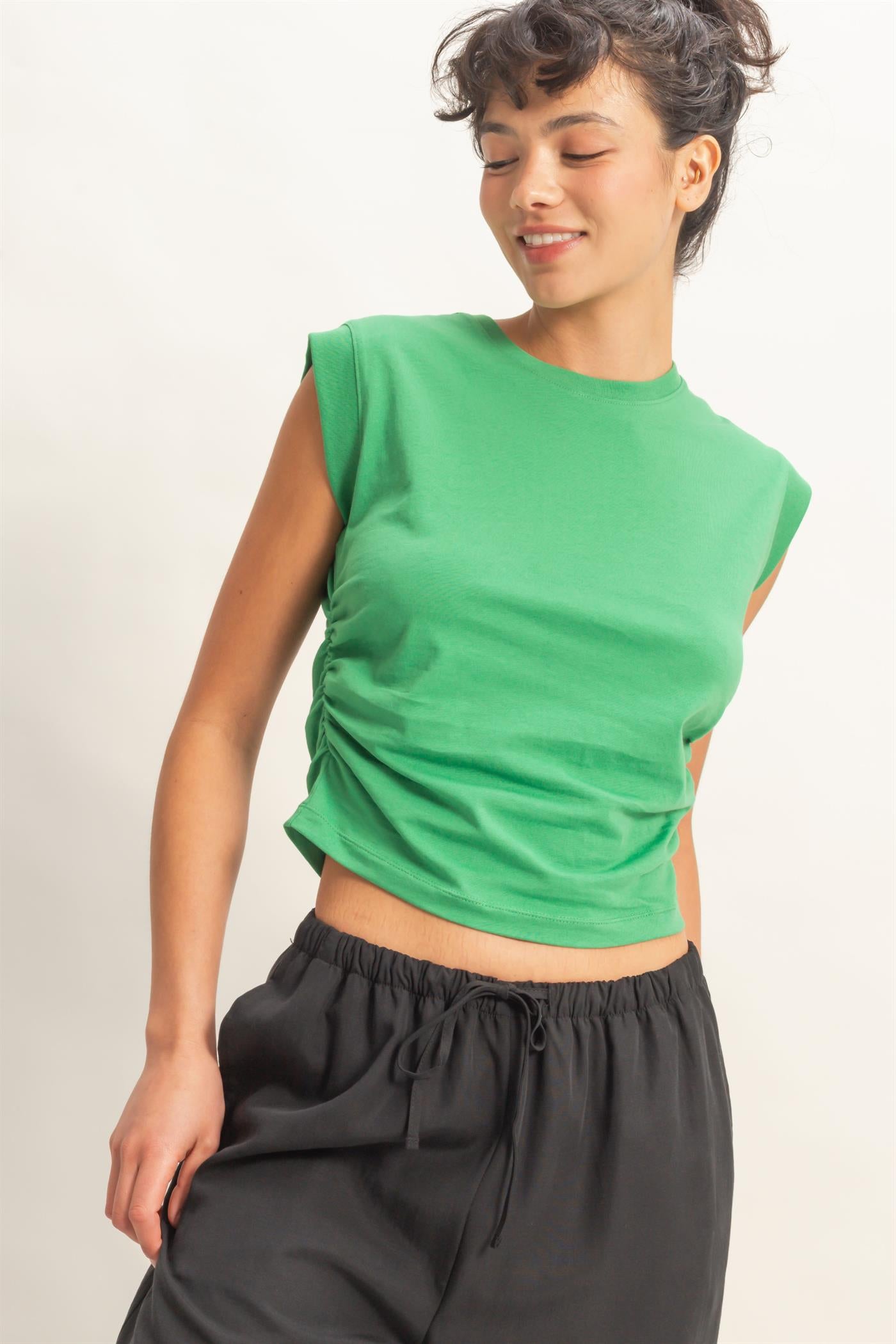 Wholesale Ruched Waist Sleeveless Cotton Top Clothing Tops DZ26C520 GREEN DOUBLE ZERO