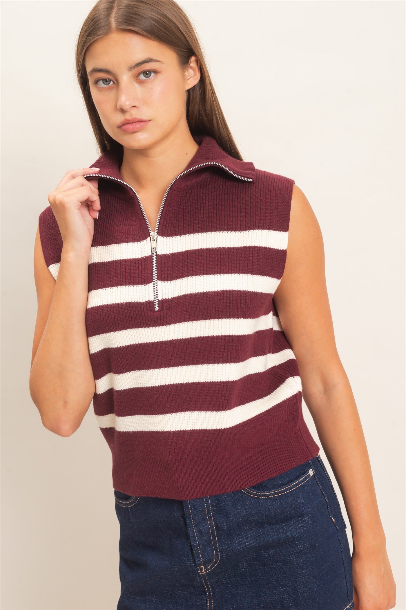Wholesale Half-Zip Sleeveless Stripe Sweater Sweaters DZ26E951 DARK CHERRY DOUBLE ZERO