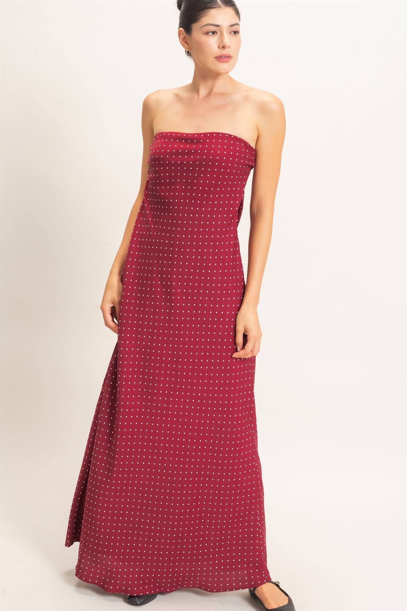 Wholesale Strapless Polka Dot Maxi Dress Dresses HF26E845 BURGUNDY HYFVE