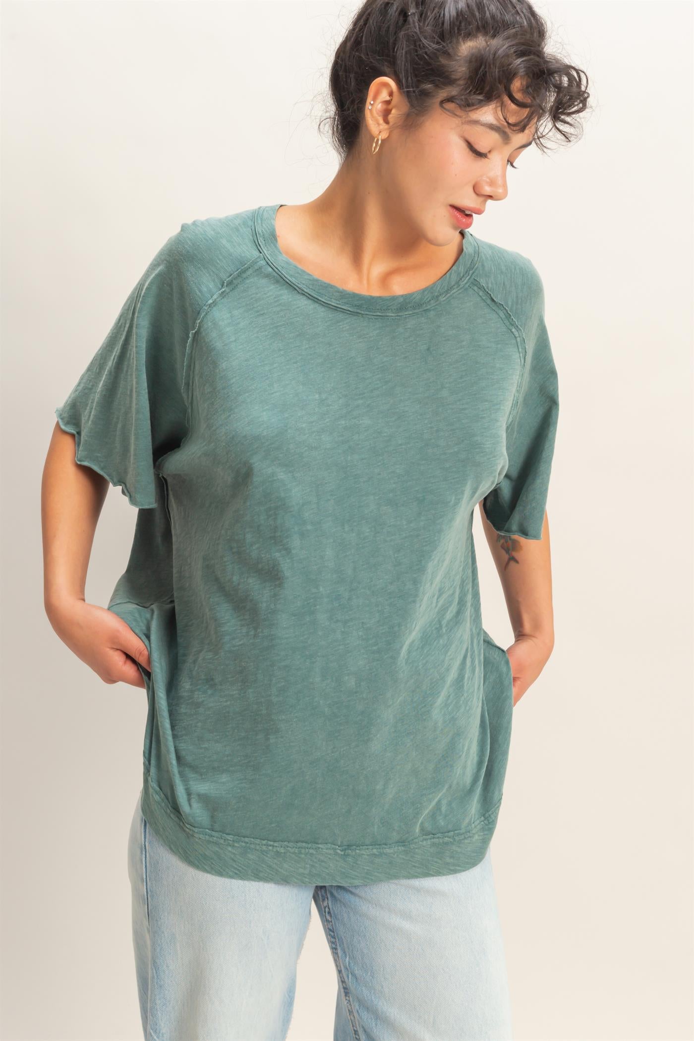 Wholesale Acid Washed Oversized Raw Edges Raglan Tee T-Shirts DZ26A333 DARK TEAL DOUBLE ZERO