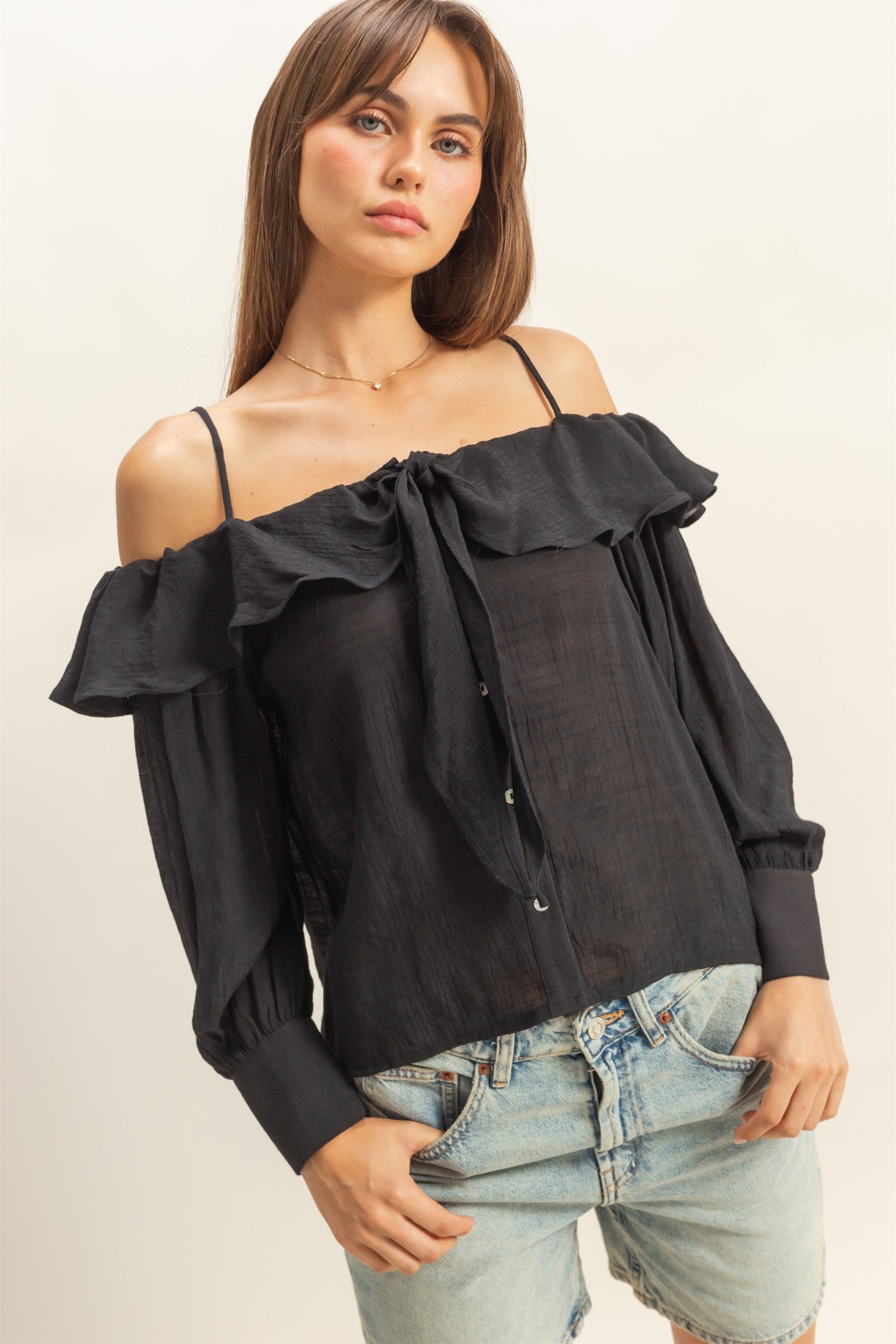 Wholesale Cold-Shoulder Ruffled Blouse Clothing Tops HF23C787 BLACK HYFVE