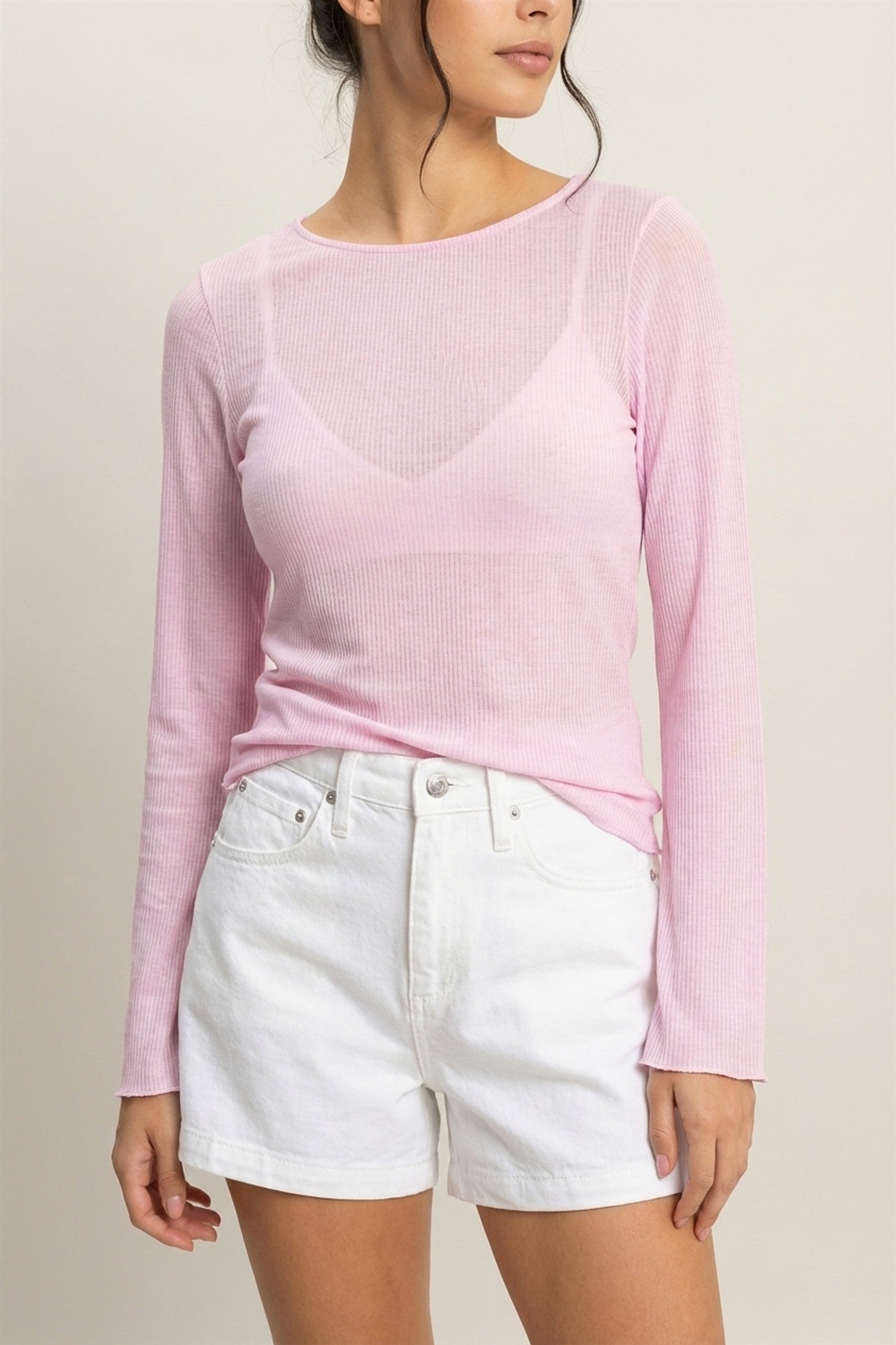 Wholesale Ribbed Long Sleeve Top Clothing Tops DZ24C196 PALE PINK DOUBLE ZERO