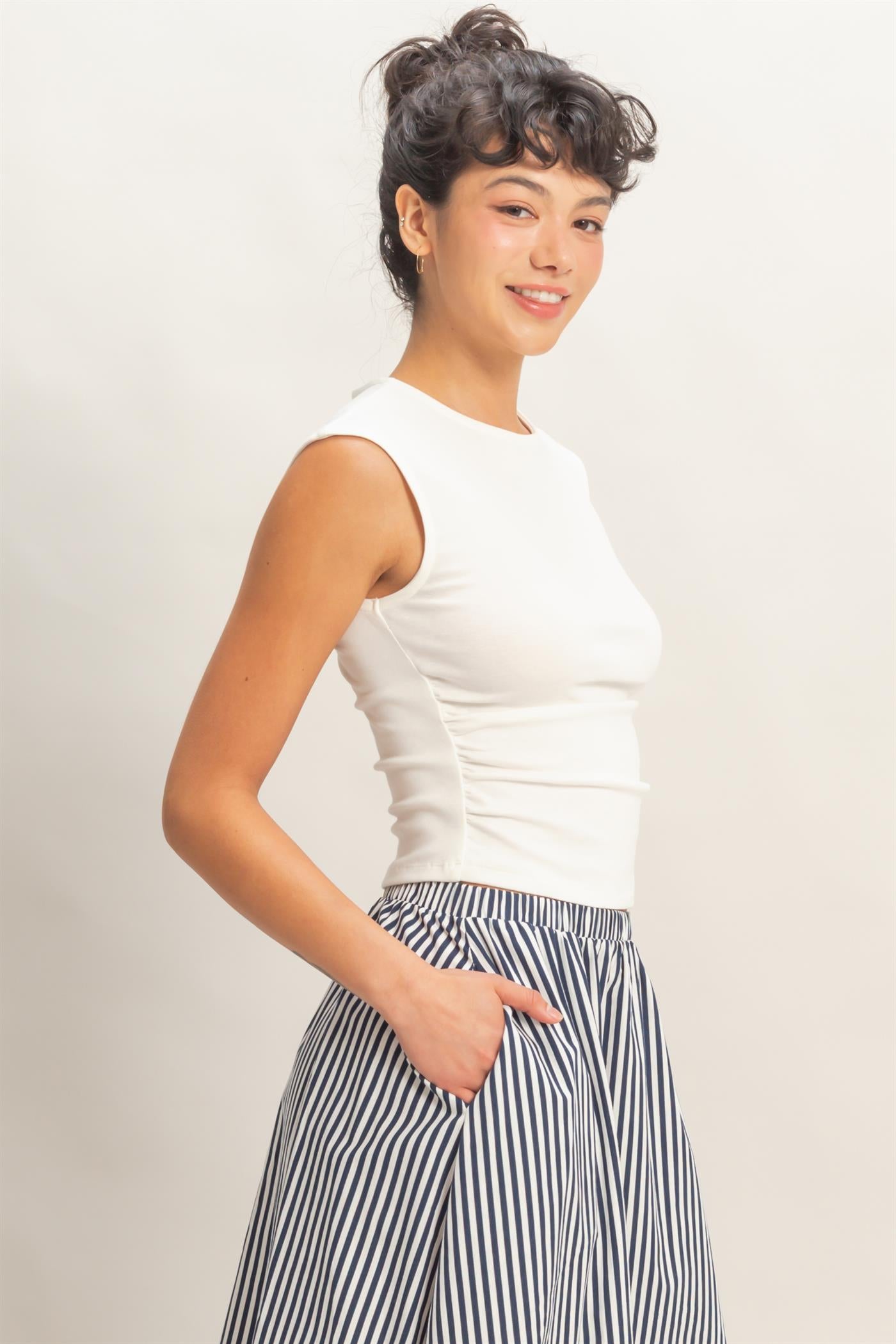 Wholesale Ruched Waist Cap Sleeve Top Clothing Tops DZ26A889 OFF WHTIE DOUBLE ZERO