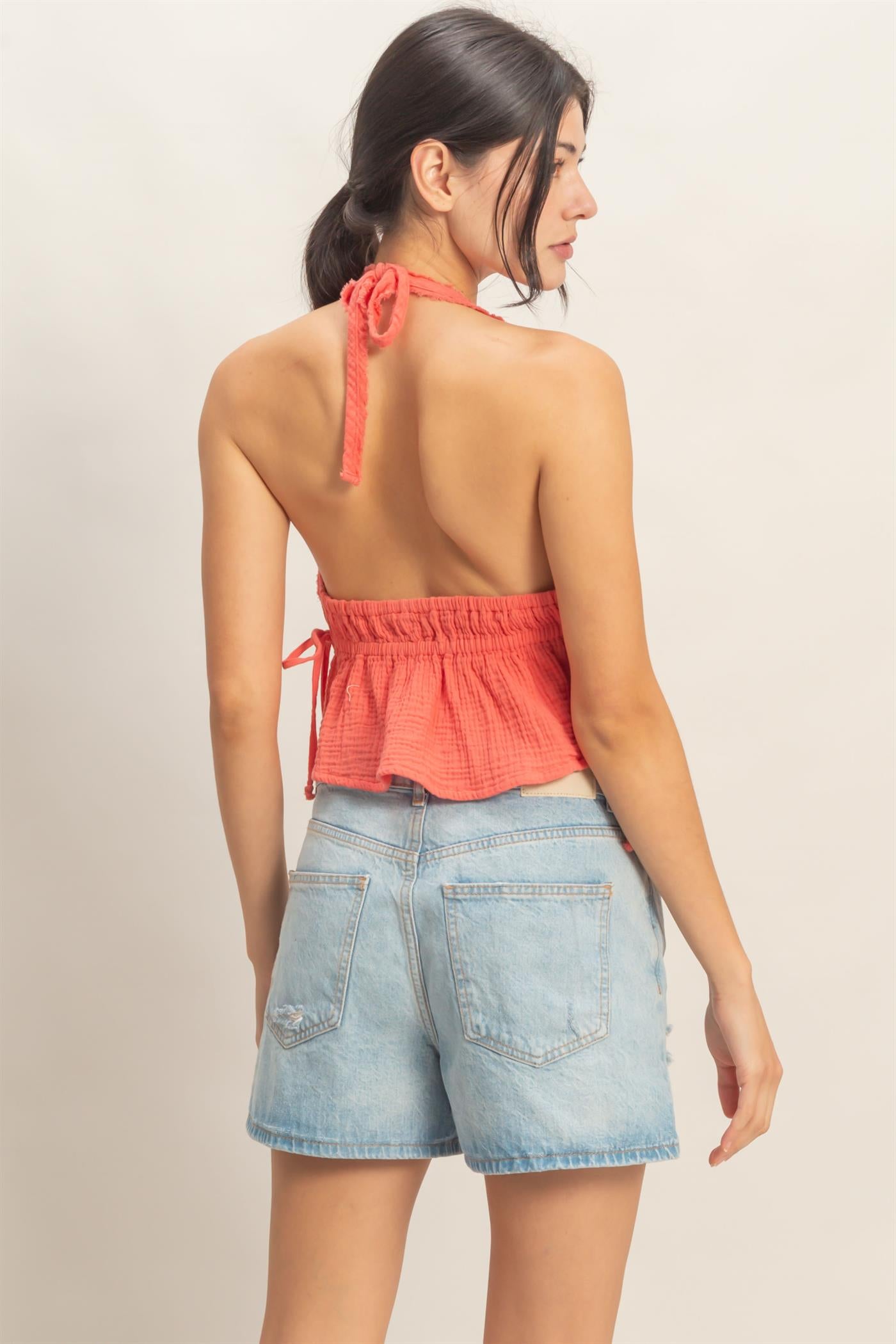 Wholesale Textured Halter Tie Waist Top Clothing Tops HF26C027 RED ORANGE HYFVE