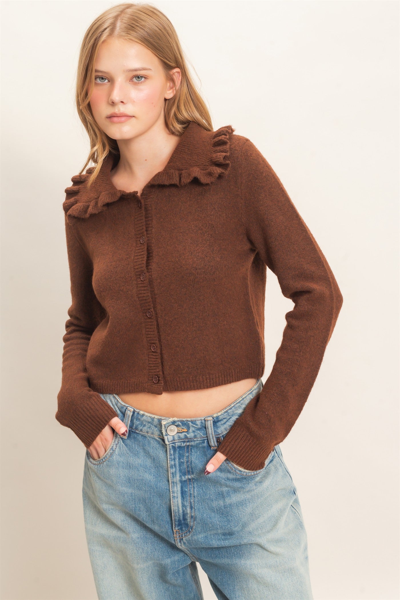Wholesale Ruffled Collar Knit Cardigan Cardigans HF26E162-D CHOCOLATE HYFVE