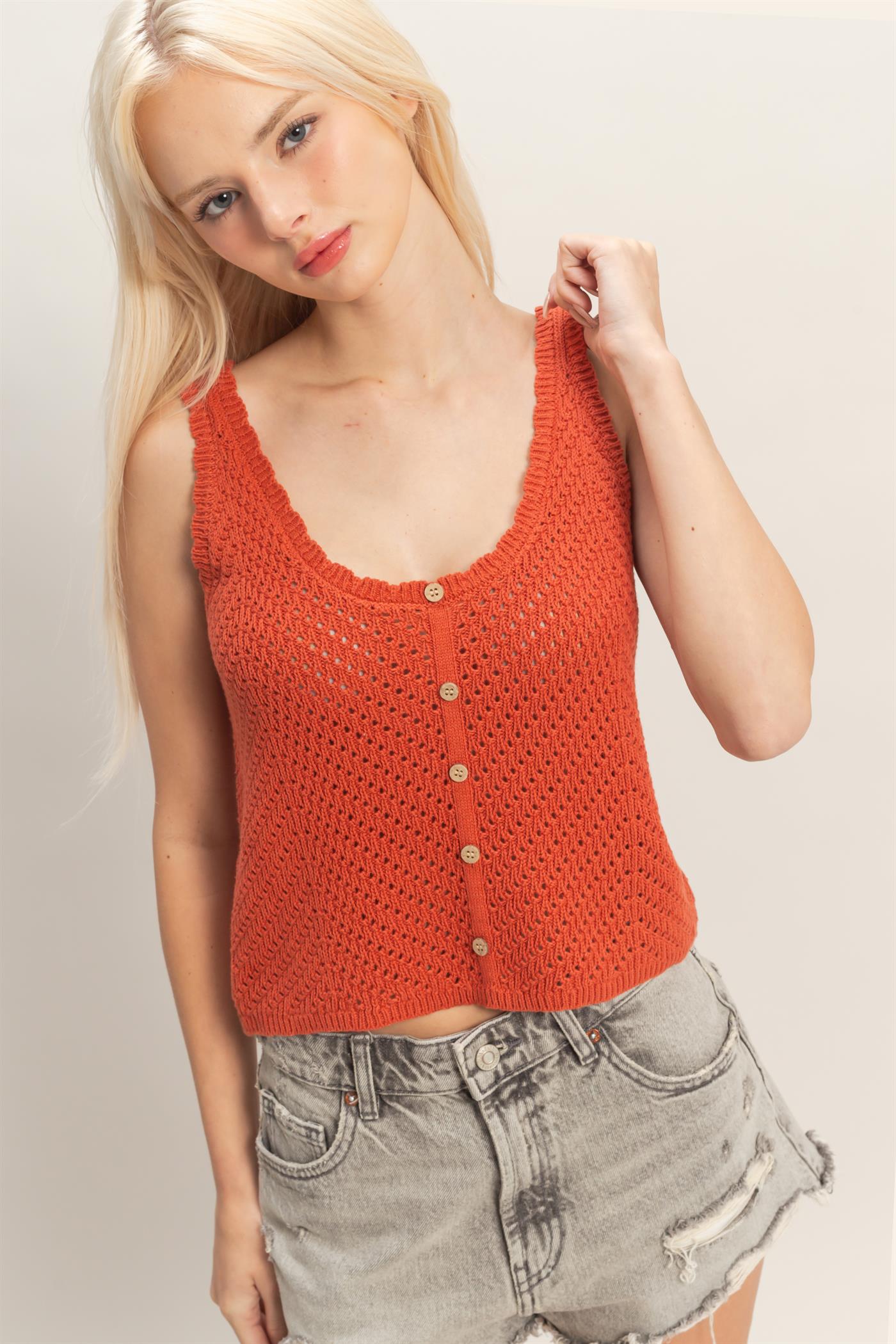 Wholesale Open Knit Scallop Edge Button Front Tank Top Tank Tops DZ26A221 RUST DOUBLE ZERO
