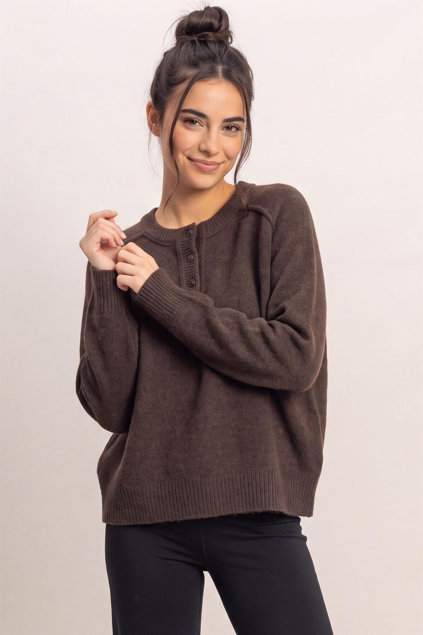 Wholesale Henley Sweater With Reverse Seams Sweaters DZ26F004 DARK BROWN DOUBLE ZERO