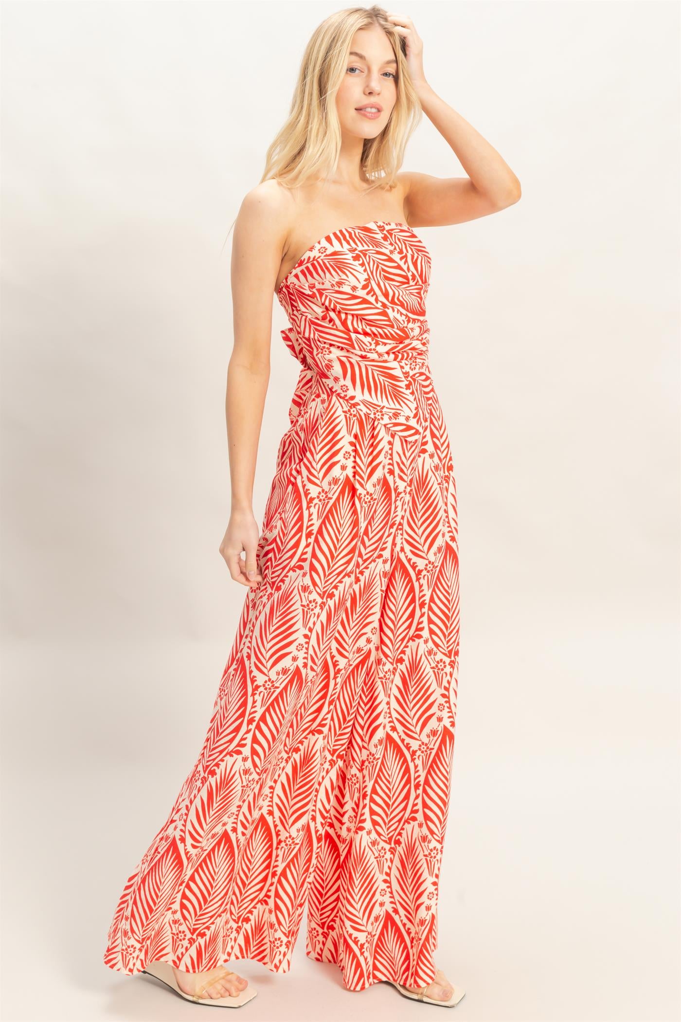 Wholesale Strapless Top & Pant Print Set Clothing HF25E577-SET-D RED HYFVE