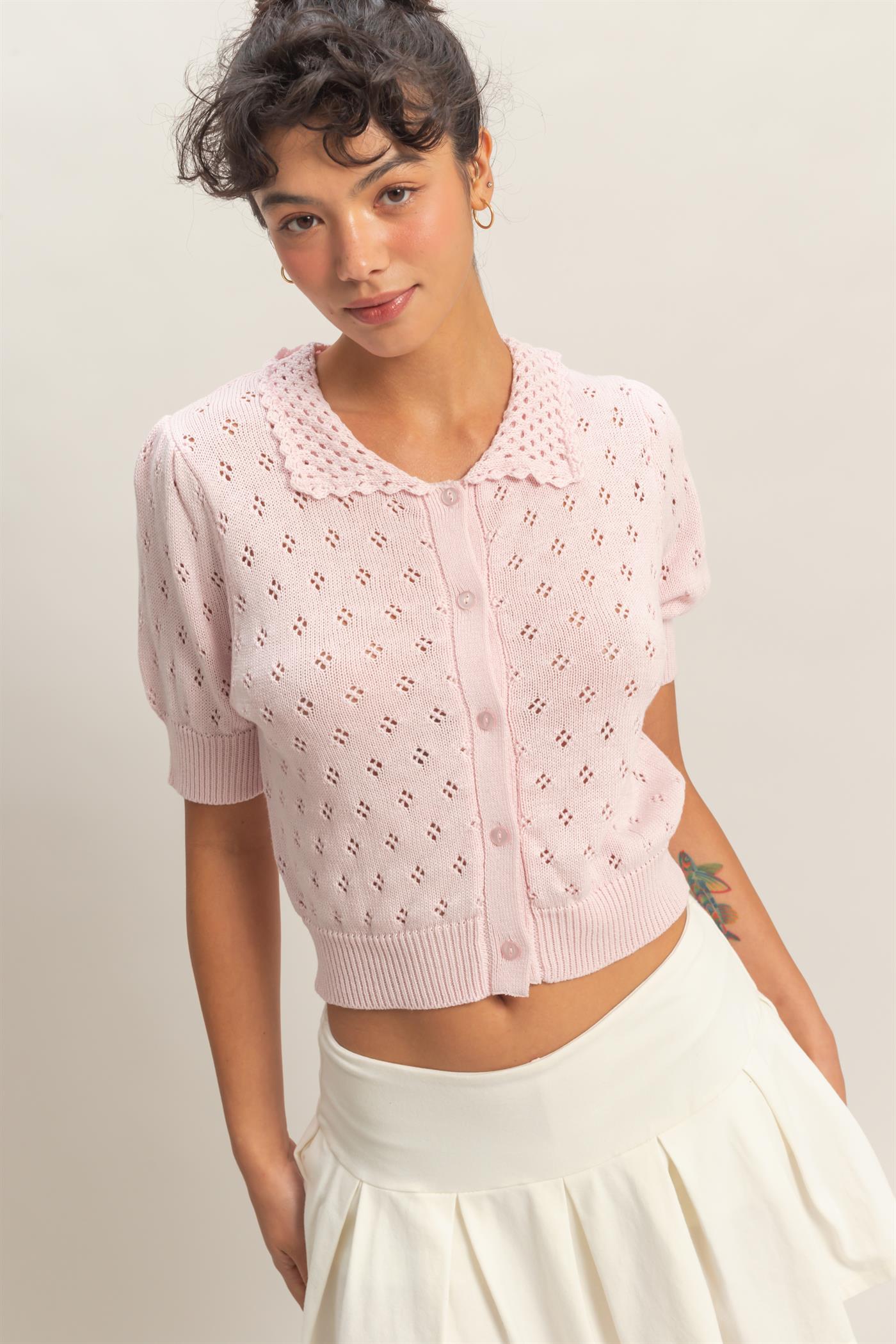 Wholesale Pointelle Collar Button-Up Puff Sleeve Knit Top Clothing Tops DZ26A748 SOFT PINK HYFVE
