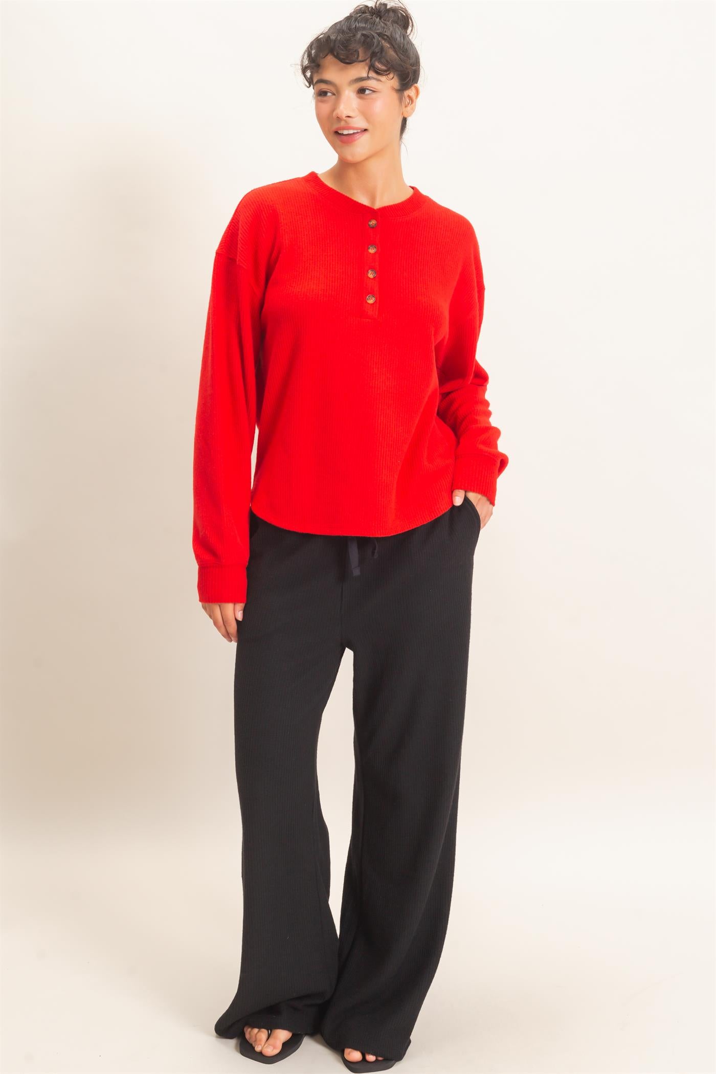 Wholesale Brushed Waffle Henley Top Clothing Tops DZ26F314 RED DOUBLE ZERO