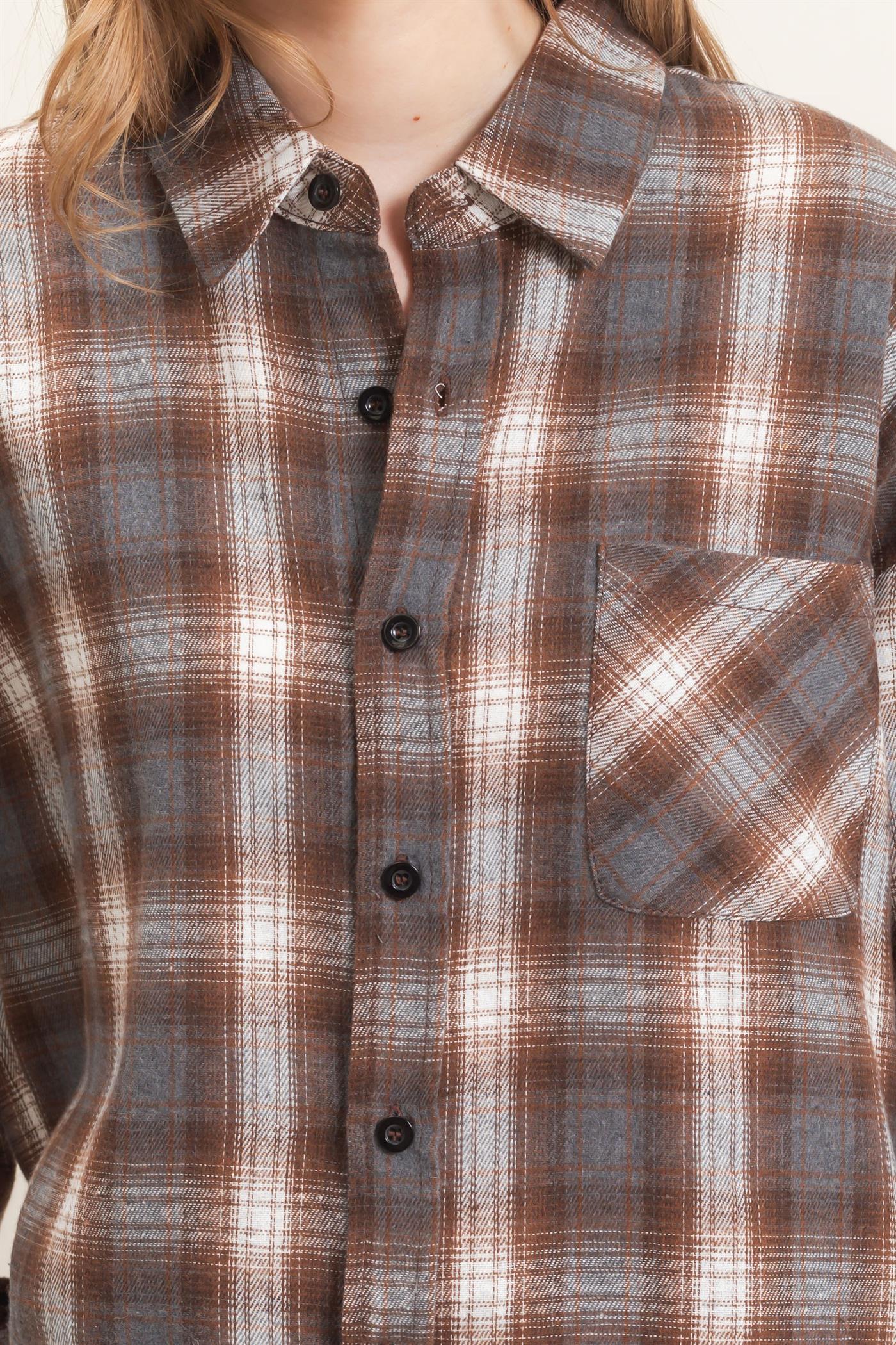 Wholesale Plaid Button-Up Shirt Clothing Tops HF26F017 BROWN HYFVE
