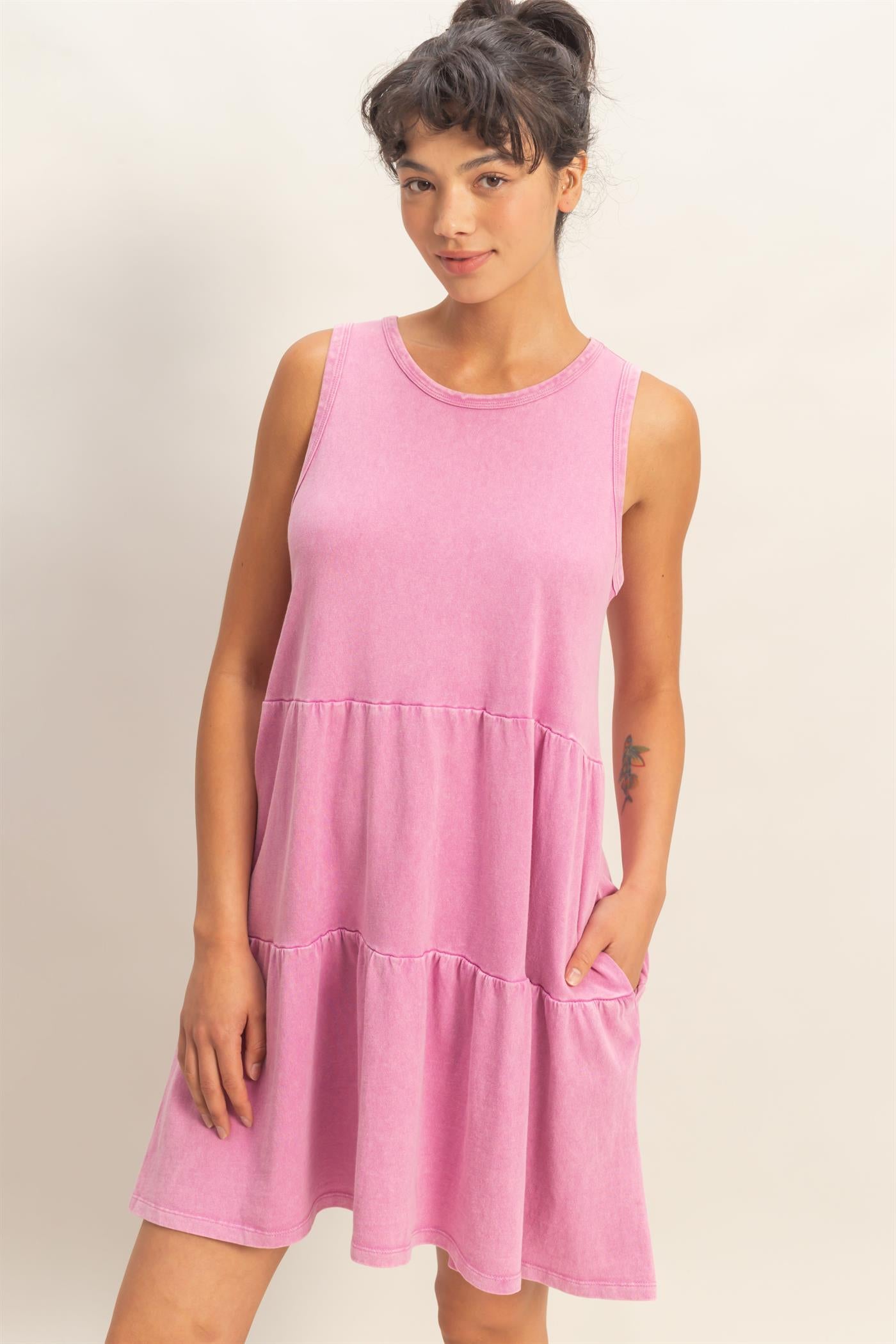 Wholesale Sleeveless Crewneck Tiered Mini Dress Dresses DZ26C208 FUCHSIA DOUBLE ZERO