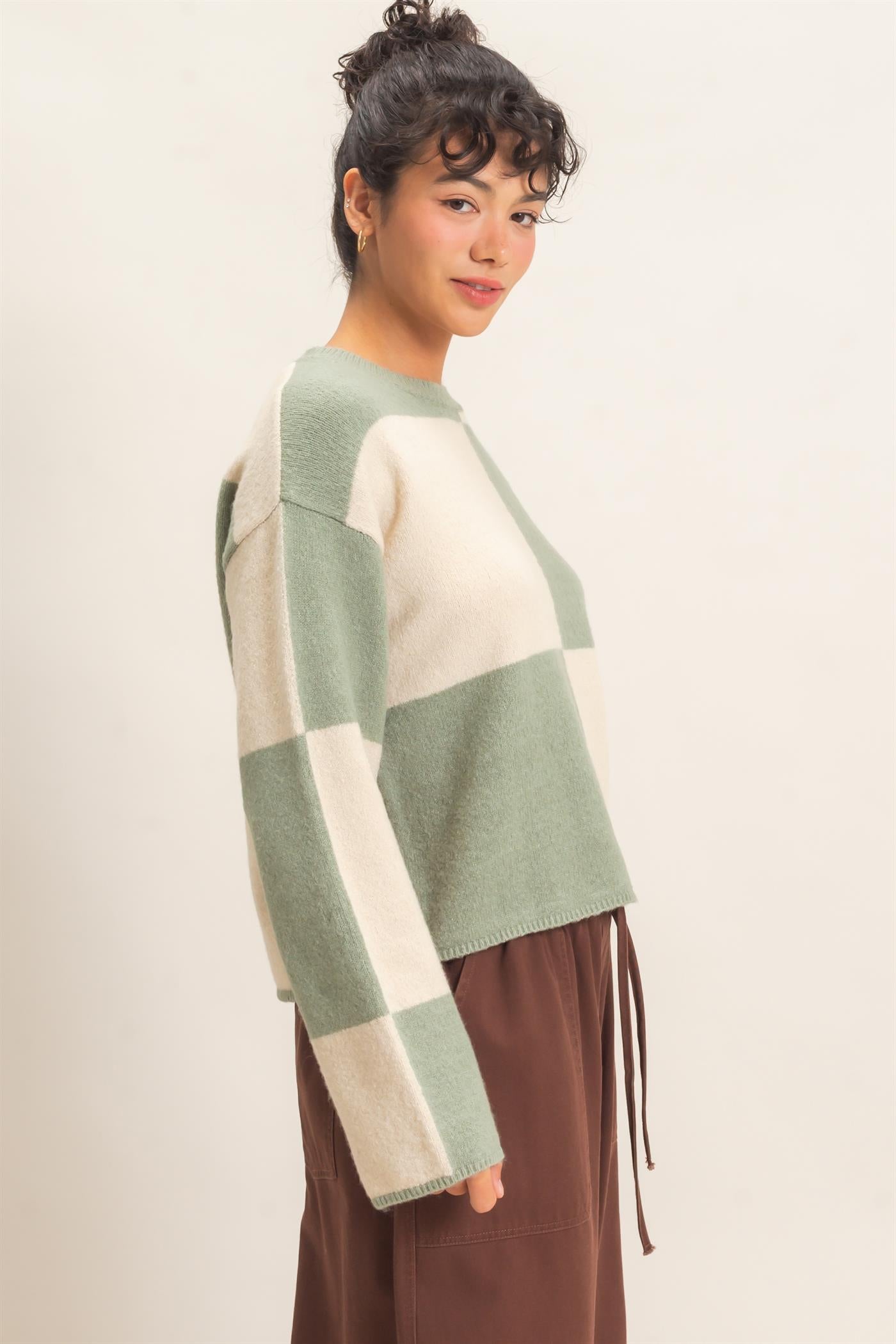 Wholesale Crew Neck Checkered Sweater Sweaters DZ26C980 SAGE GREEN DOUBLE ZERO